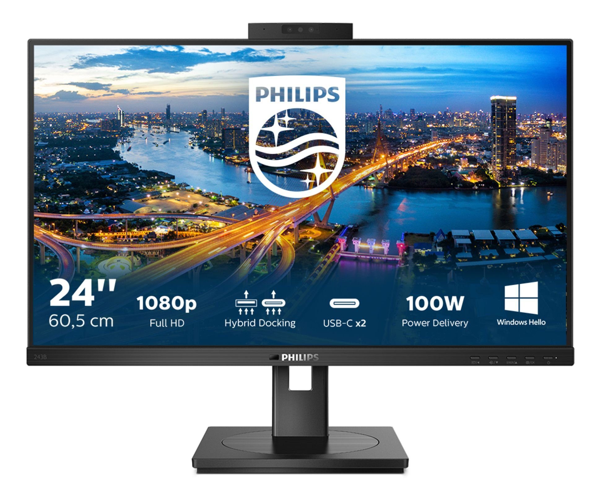 Philips 243B1JH/00 60.5CM 23.8IN 4MS TFT-Monitor (1920 x 1080 px, Full HD, 4 ms Reaktionszeit, 75 Hz, IPS, Eingebautes Mikrofon, Kamera, Lautsprecher, HDCP, Höhenverstellbar)