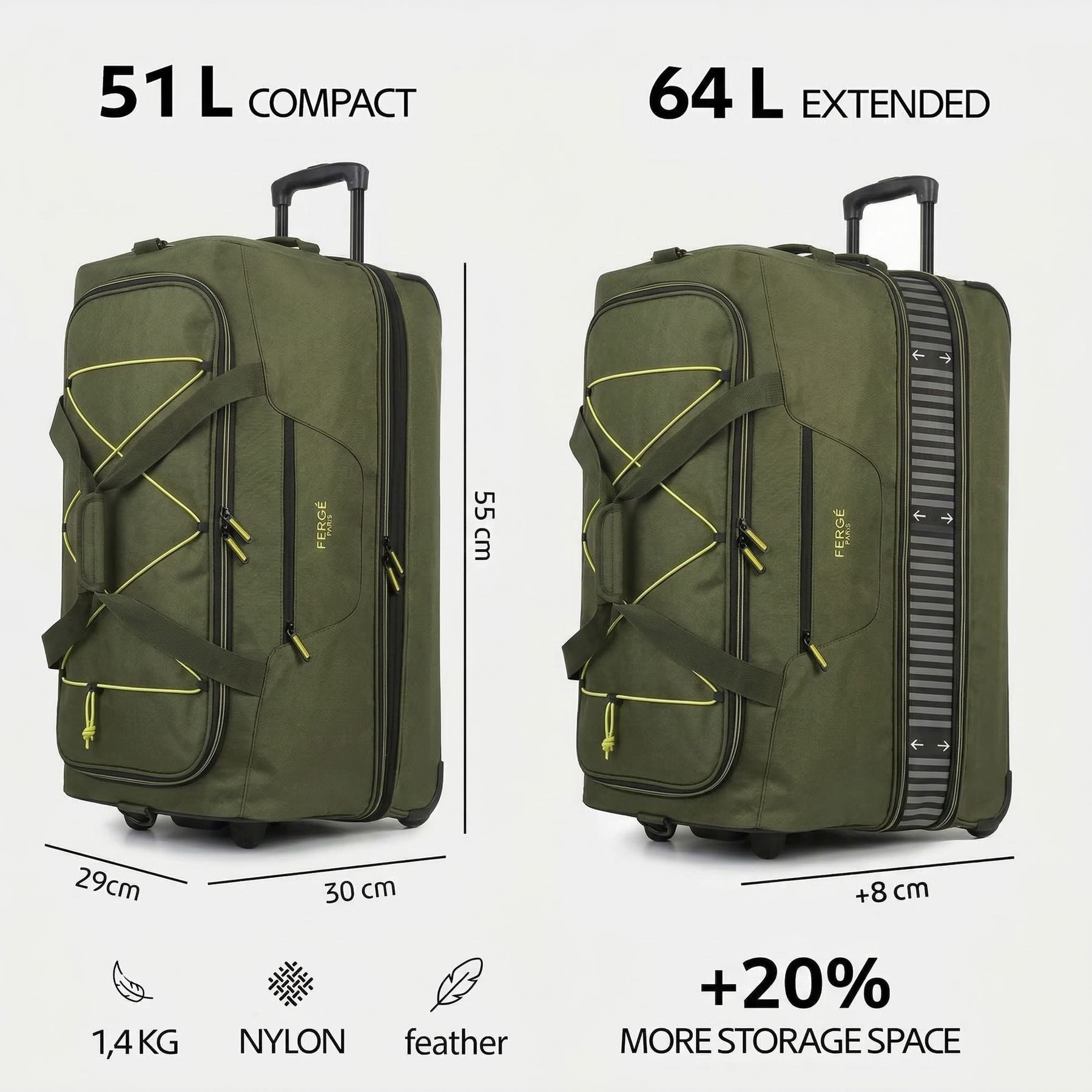 FERGÉ Reisetasche mit Rollen & extra Schuhfach, groß, Handgepäck, Tragetasche aus Nylon, Erweiterbare Reisetasche, Handgepäck / XL, Schuhfach & Außenfächer