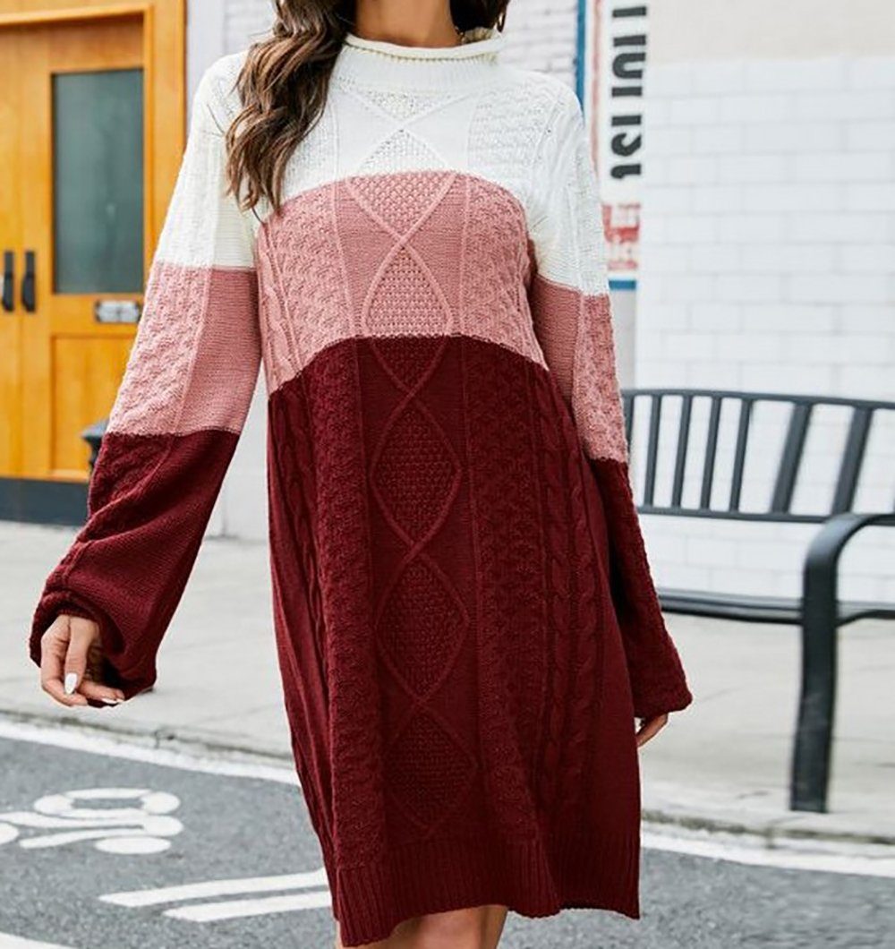 Ronner UG Strickkleid Damen Pulloverkleid lockerer langer Pullover Langarm Etuikleid kleid Rot