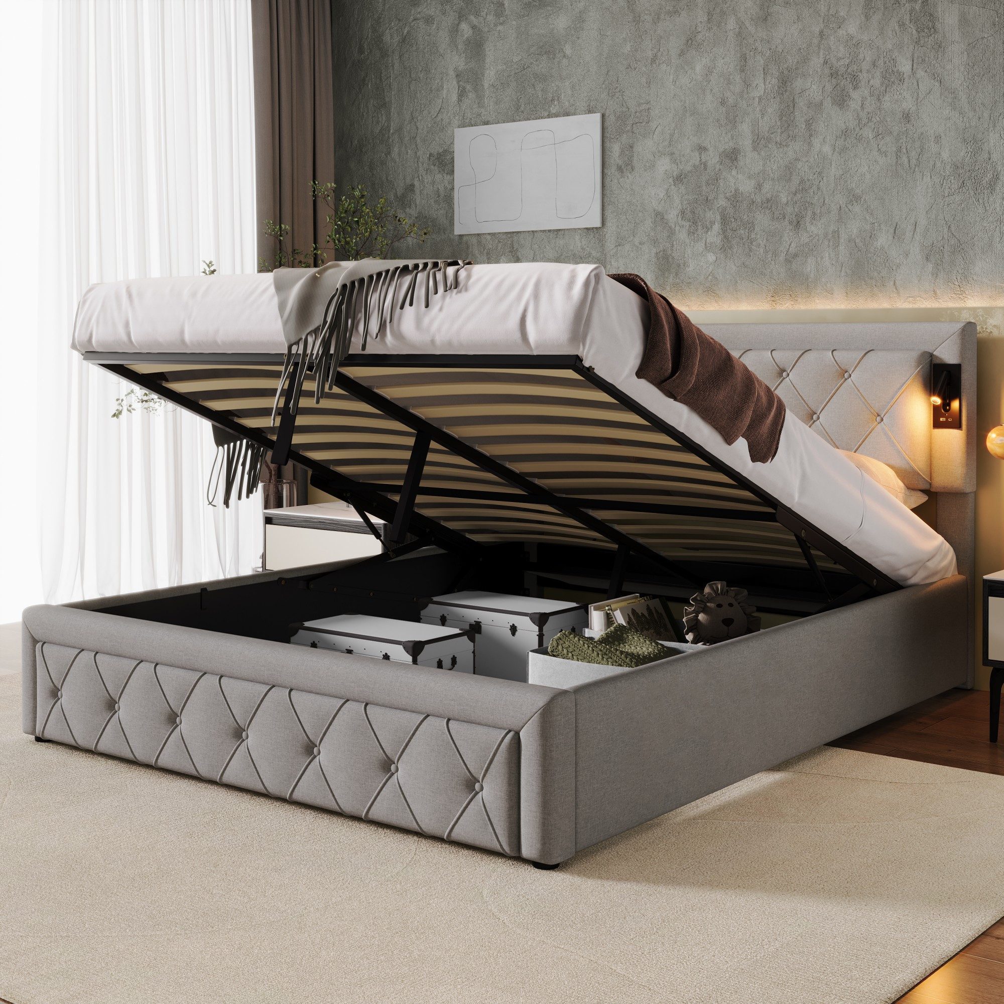 MODFU Polsterbett Modernes Komfortbett mit Downlight & USB (hydraulisches Doppelbett, 1-tlg., 160x200cm, Stauraum, Grau( ohne Matratze), Rauten-Kopfteil, Holz-Lattenrost, hydraulisch