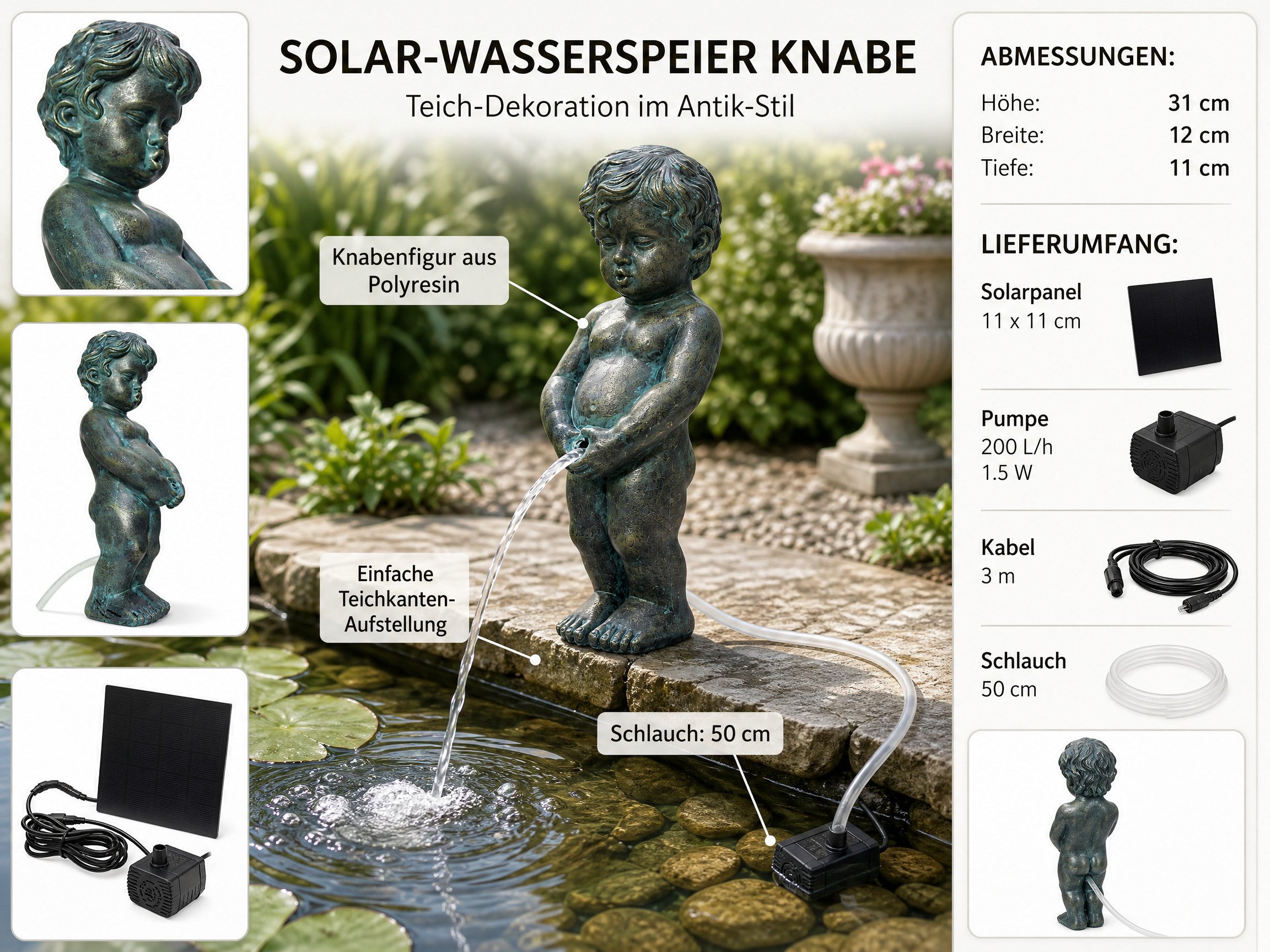 Arnusa Wasserspeier Solar Wasserspiel Junge klassisch Gartendeko 31 cm, Teichdekoration Teichfigur Springbrunnen ohne Strom