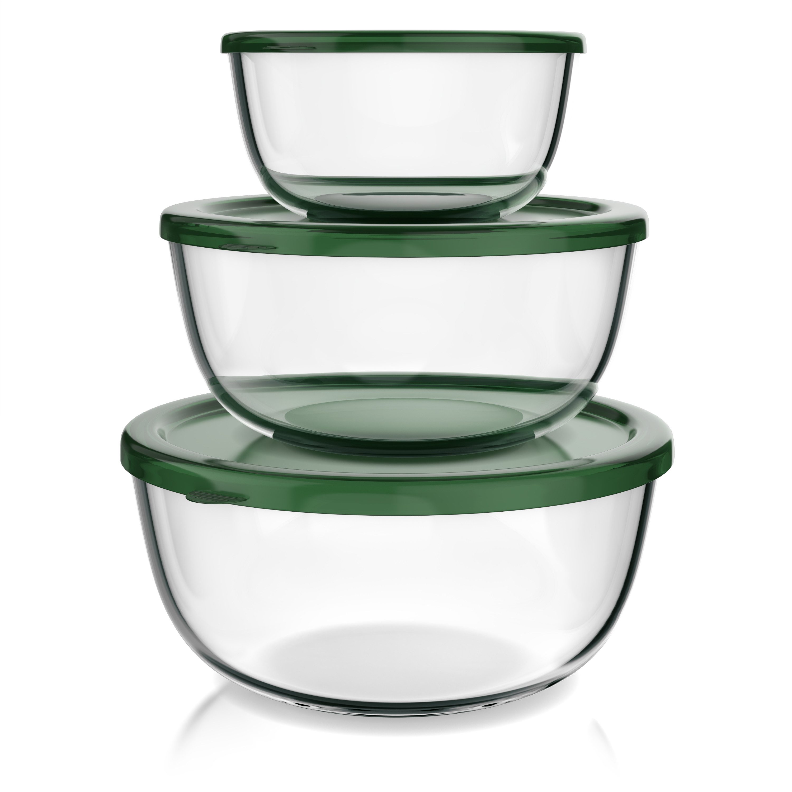 Arendo Salatschüssel 3er Set mit Deckel, Glasschüssel 1,1L / 2,7L / 4,4L, Glas Rührschüssel, Glas, (Set, 3-tlg), Glasschale, BPA-frei, Spülmaschinen- und mikrowellengeeignet
