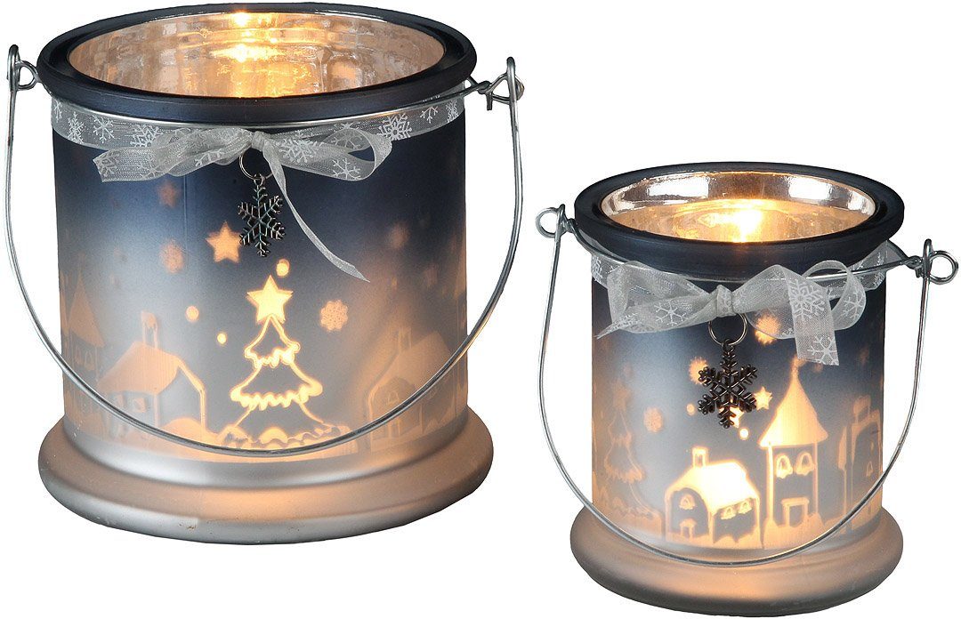 (1 Weihnachtsdeko Teelichthalter - mit groß Griff, Haus blau Glas Ambiente St) Xmas -