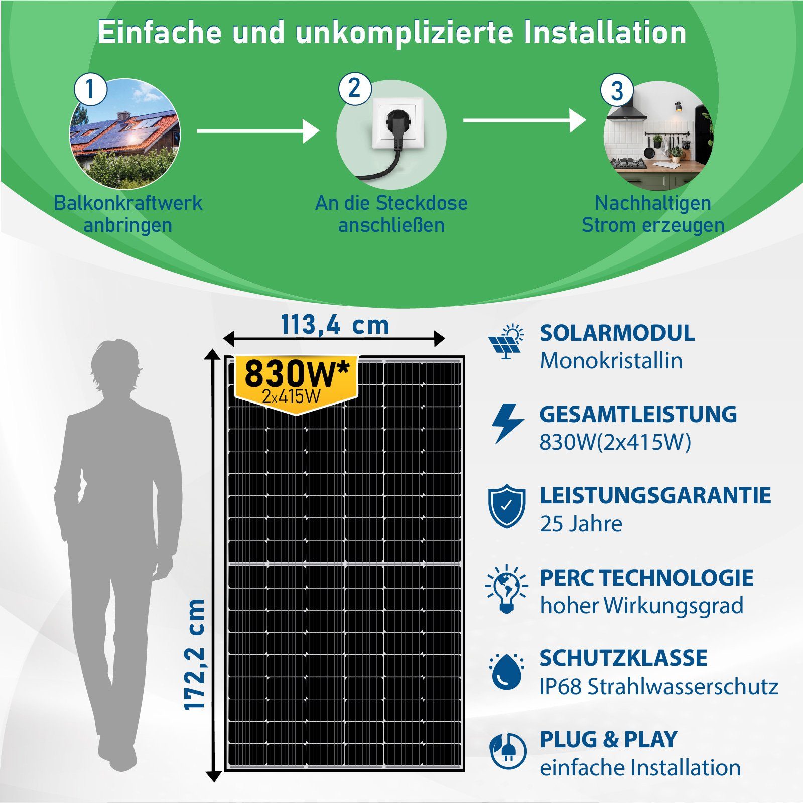 Upgradefähiger WIFI Mit Balkonkraftwerk, Campergold Balkongeländer Wechselrichter Hypontech Eckig 800W 830W PV-Montage, Photovoltaik Solaranlage