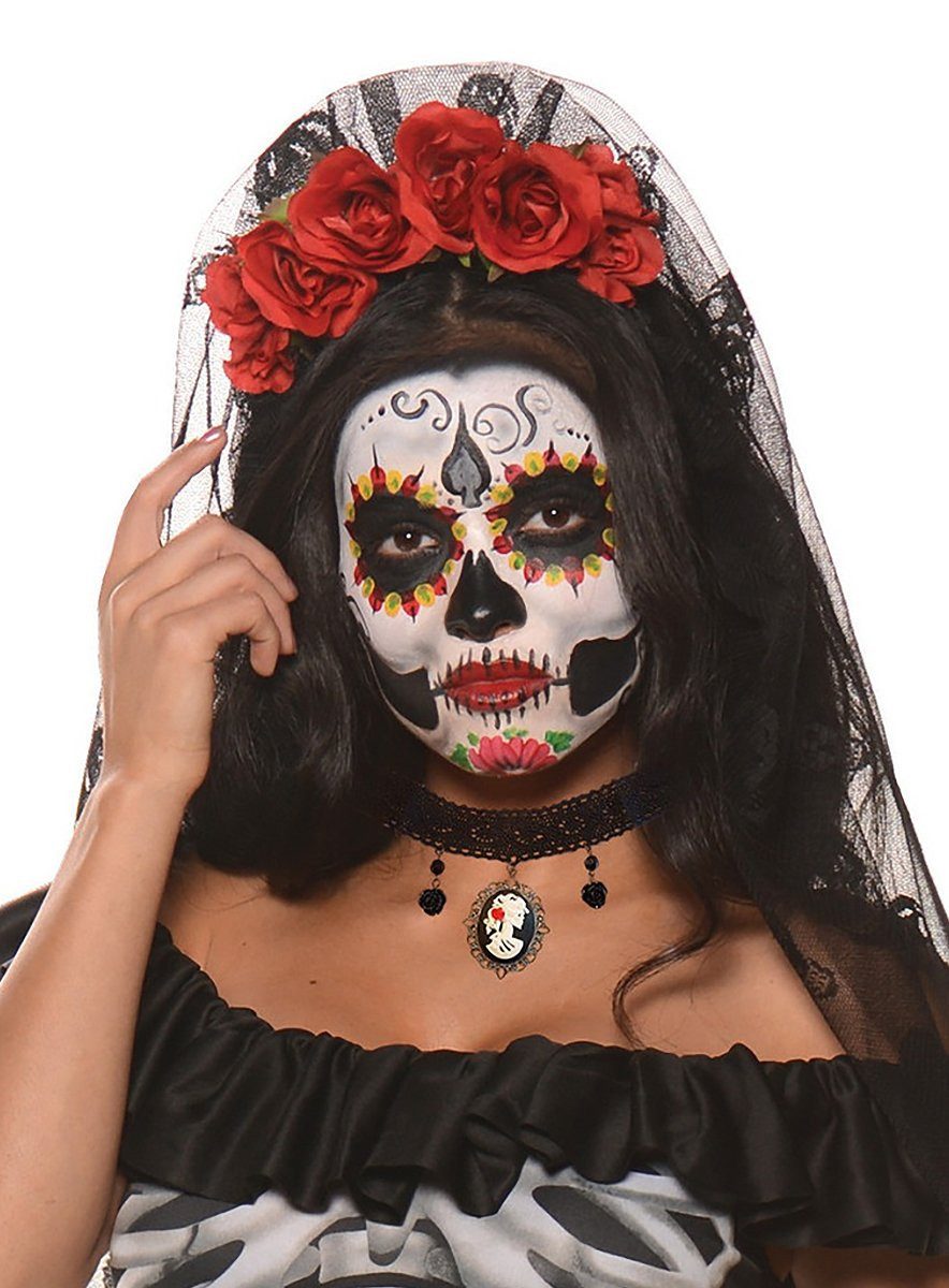 Underwraps Kostüm Schleier mit Rosen grau - Halloween Kostüm Damen, Grauer Schleier für Halloween und Mottoparty
