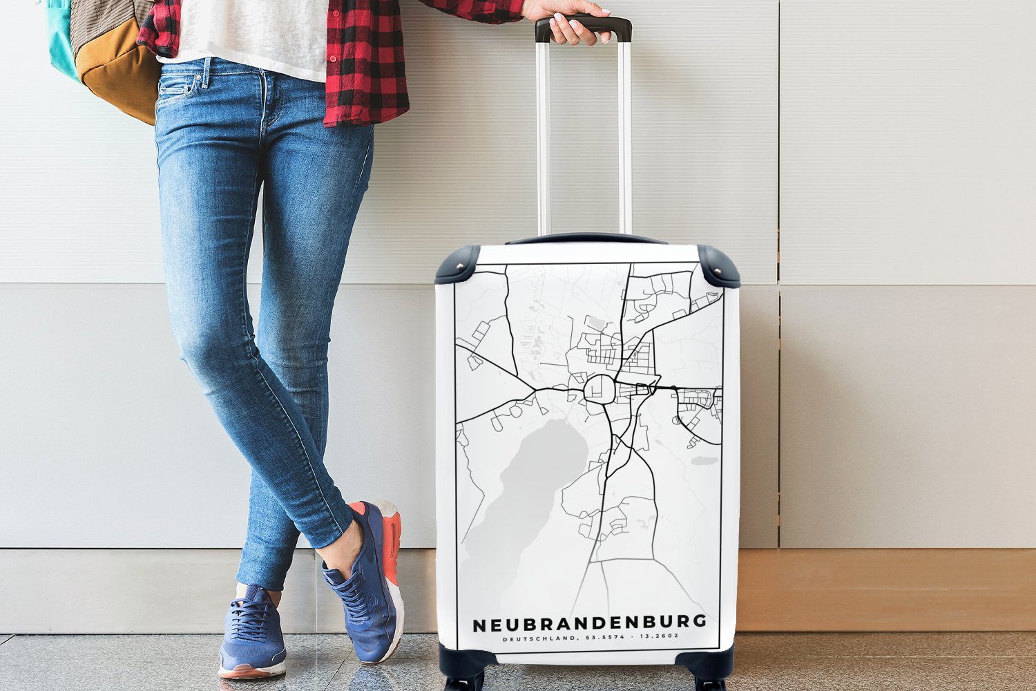 MuchoWow Handgepäckkoffer Neubrandenburg - mit - Handgepäck Trolley, 4 Rollen, Ferien, rollen, Reisekoffer Karte, Reisetasche für Stadtplan