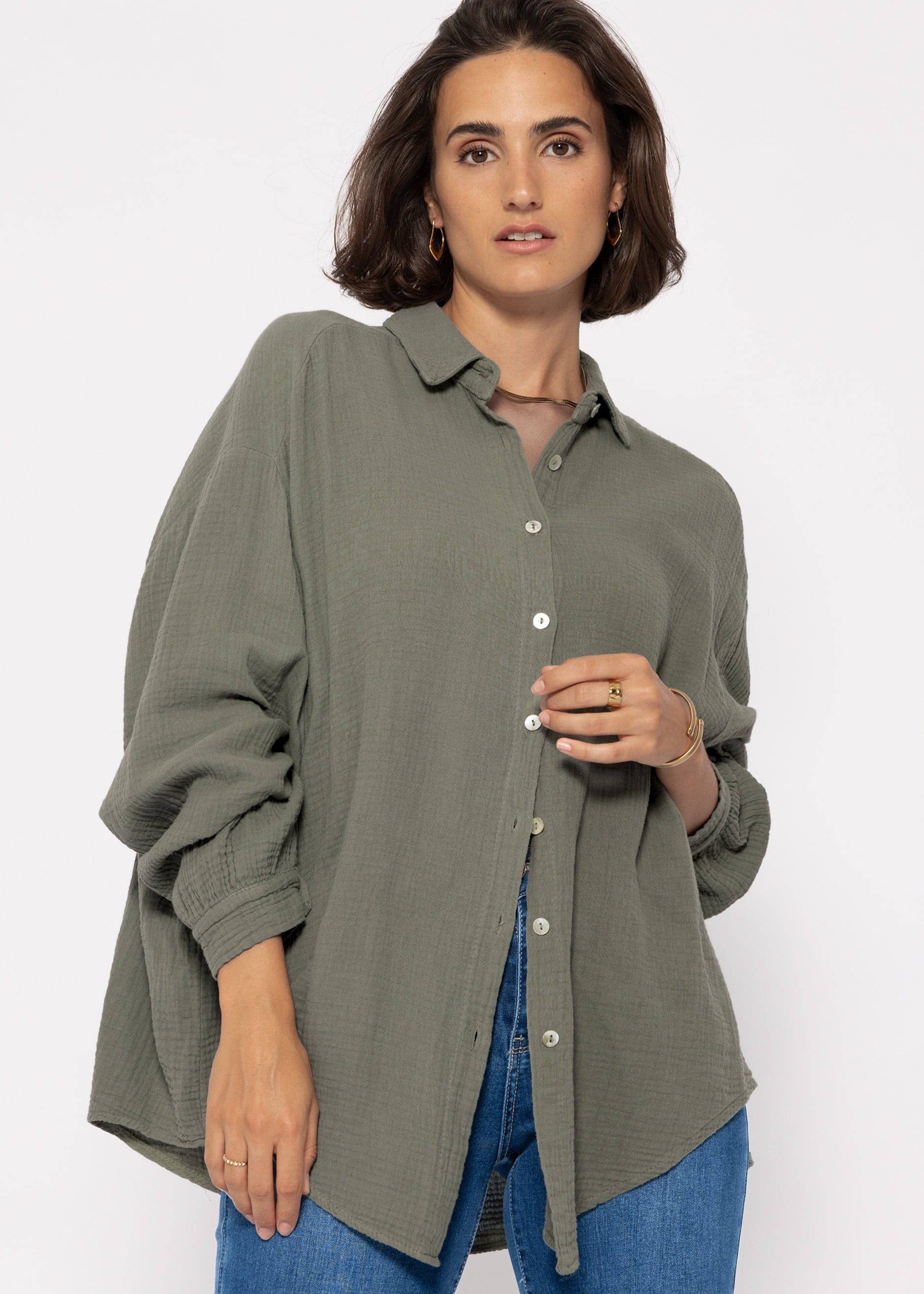 Longbluse Oversize Musselin Bluse Damen kurz Langarm Elegant