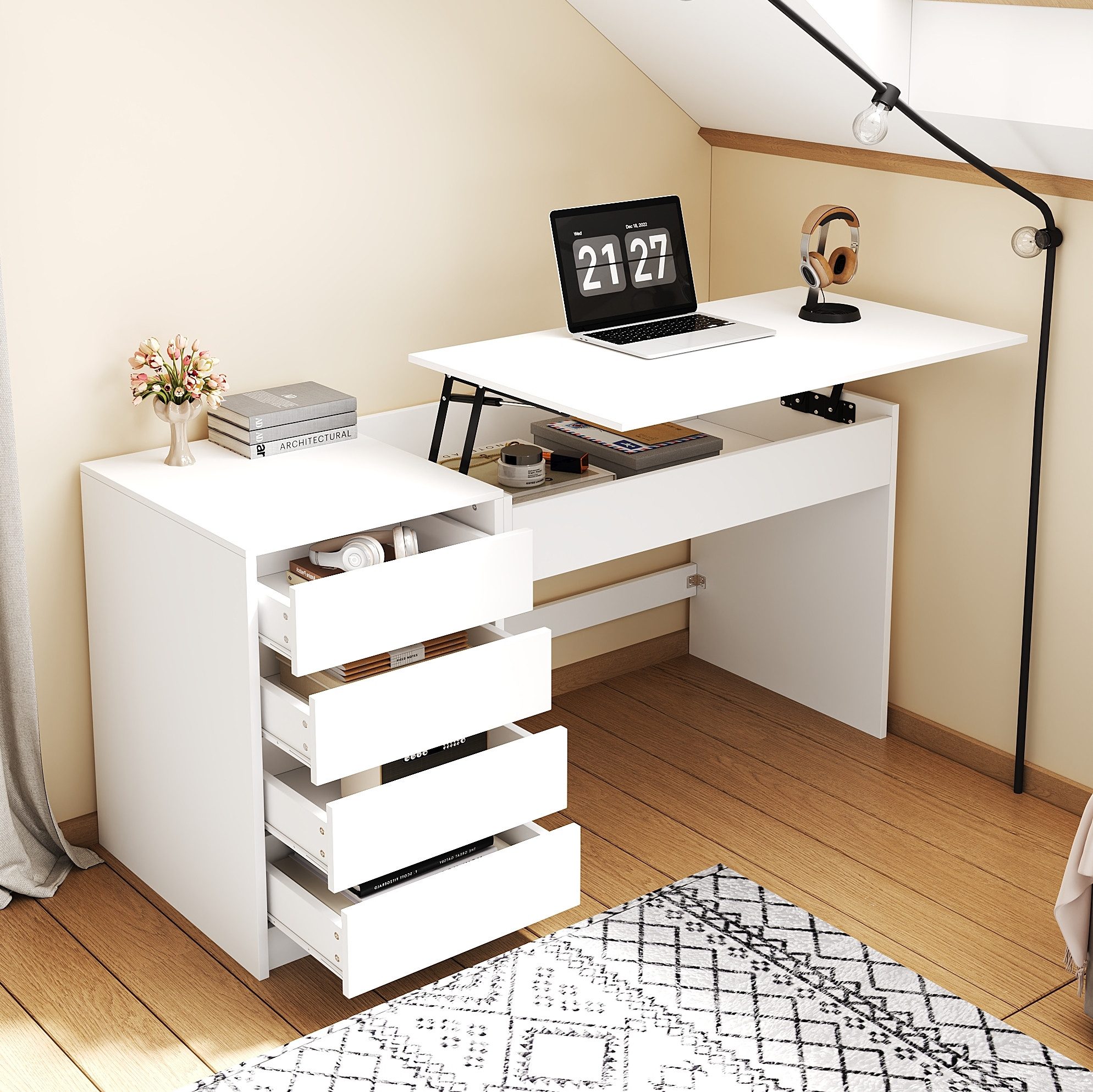 MODFU Schreibtisch Großer Arbeitstisch mit viel Stauraum (Packung, 1-St., Weiß, höhenverstellbar, verstecktes Fach), 120×78–92×50 cm, 4 Schubladen