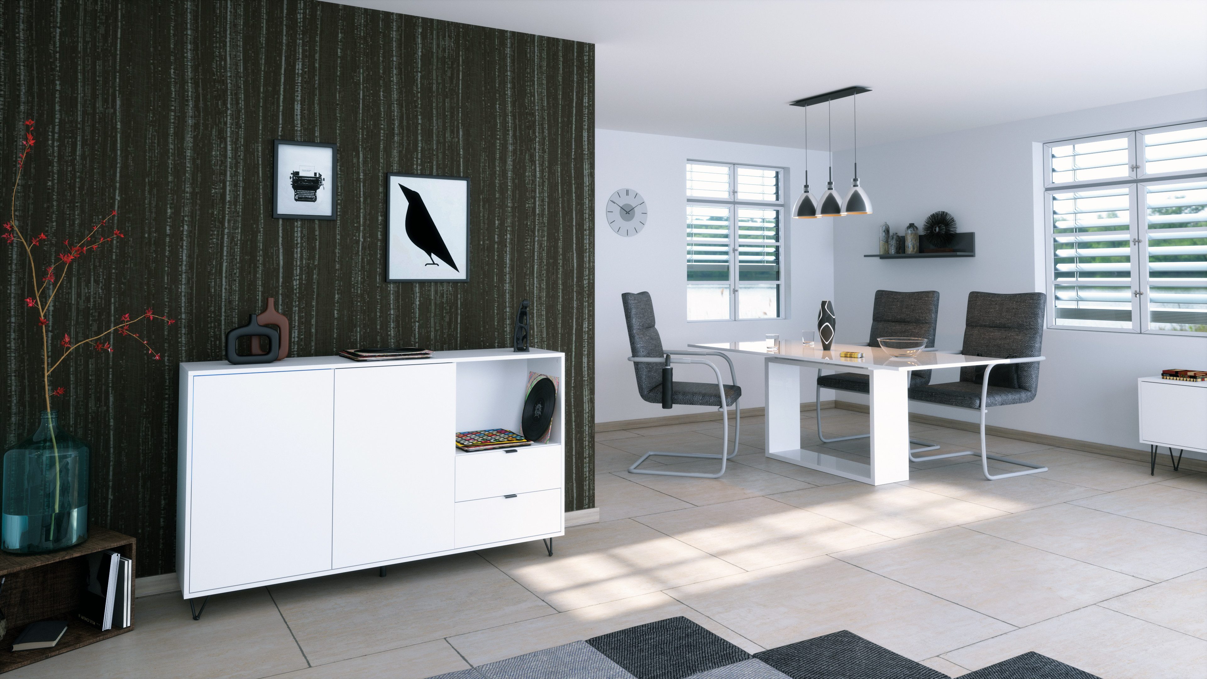 Vladon Sideboard Marino (Kommode mit 2 Türen Weiß matt, 2 Schubladen Weiß matt, Made in Germany), Korpus Weiß matt (152,5 x 90,5 x 37 cm)