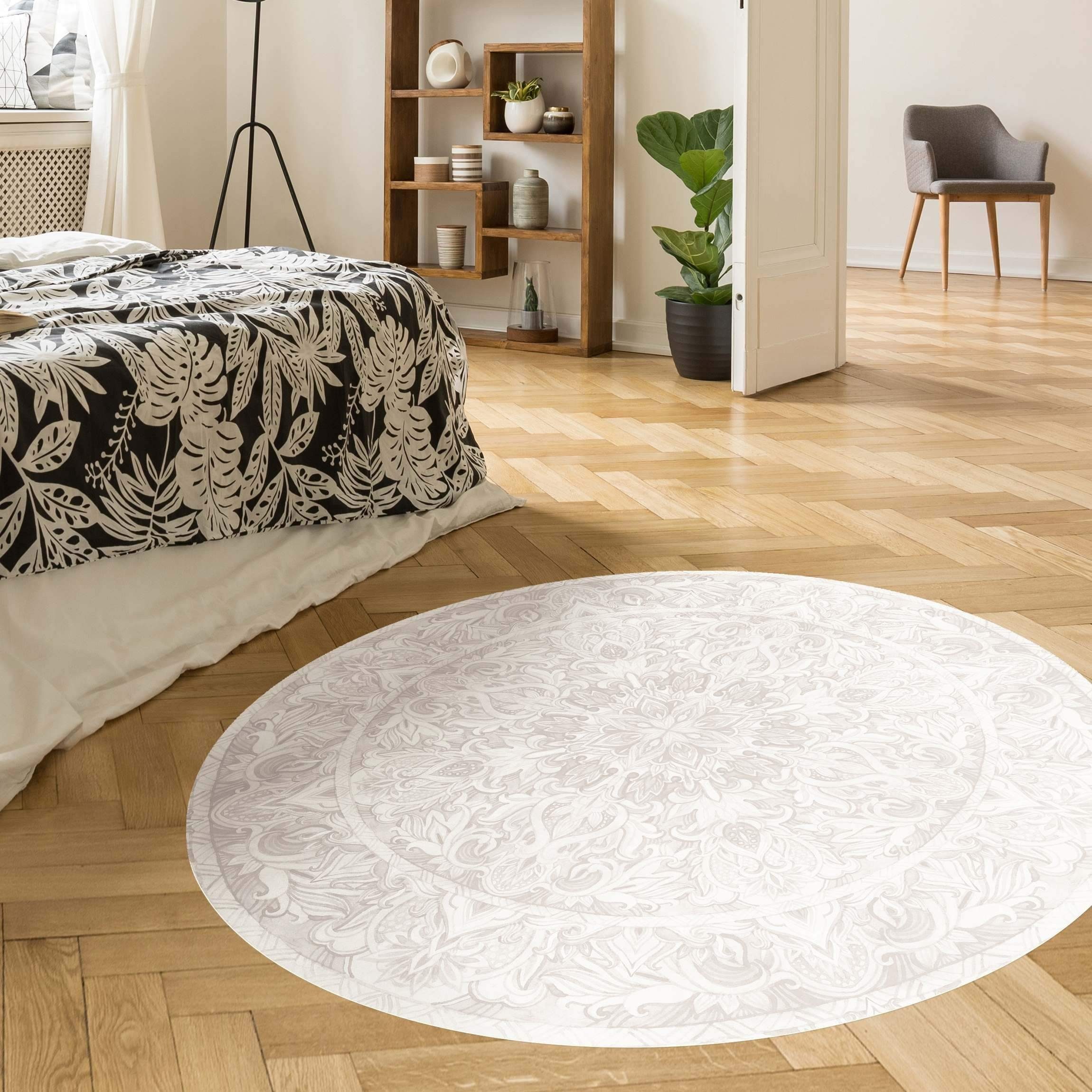Bilderdepot24 Teppich Vinyl Wohnzimmer Schlafzimmer Flur Küche Mandala modern, rund - beige glatt, nass wischbar (Küche, Tierhaare) - Saugroboter & Bodenheizung – Bild 4 von 5