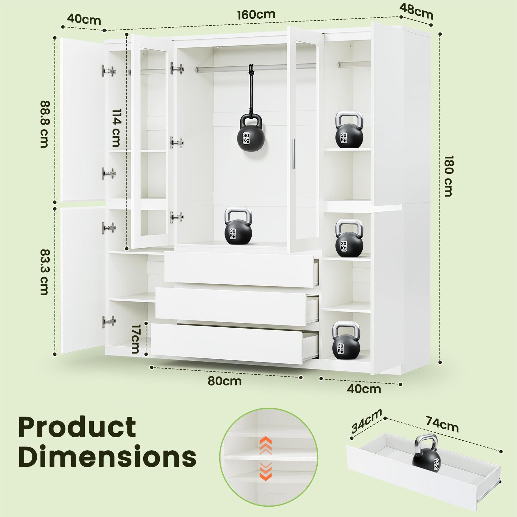 Dripex Kleiderschrank Großer Kleiderschrank Weiß Acryl 4-türig, 3 Schubl., LED-120x48x180 cm