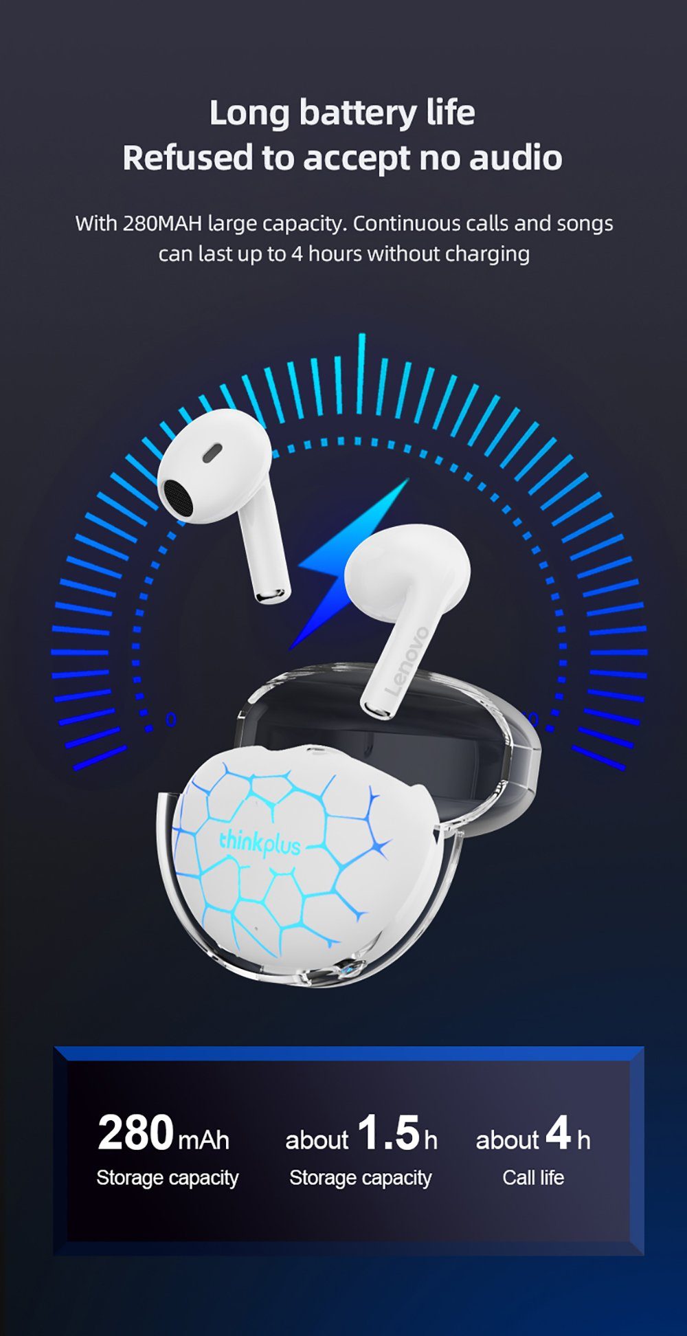 Assistant, Stereo-Ohrhörer Google Bluetooth-Kopfhörer (True LP80 Kopfhörer-Ladehülle Siri, mit Lenovo - kabellos, 5.3, Touch-Steuerung 280 Pro Wireless, Weiß) mAh mit Bluetooth