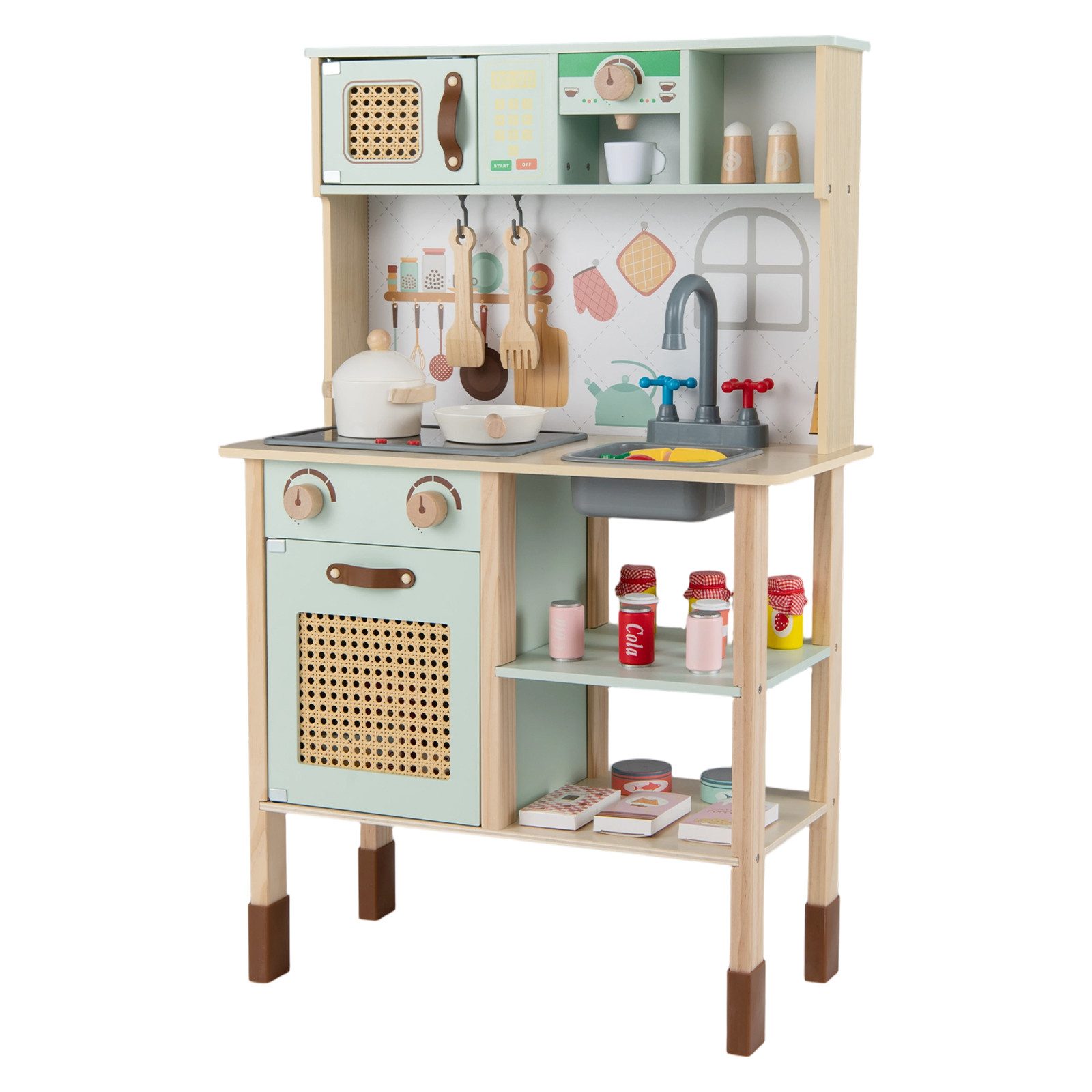 COSTWAY Spielküche MDF, Kiefernholz, Mit Zubehör, Ofen, WaschbKanten & Kaffeemaschine