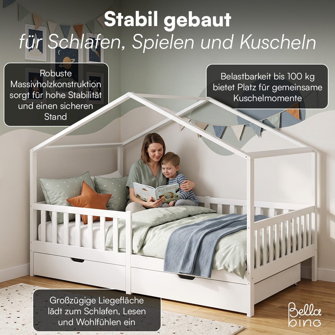 Bellabino Kinderbett Bia mit Rausfallschutz & Lattenrost (weiß, mit zwei Schubladen und Matratze), Kinderbett aus Kiefernholz, verfügbar in 80x160/90/120/140x20 – Bild 3 von 5