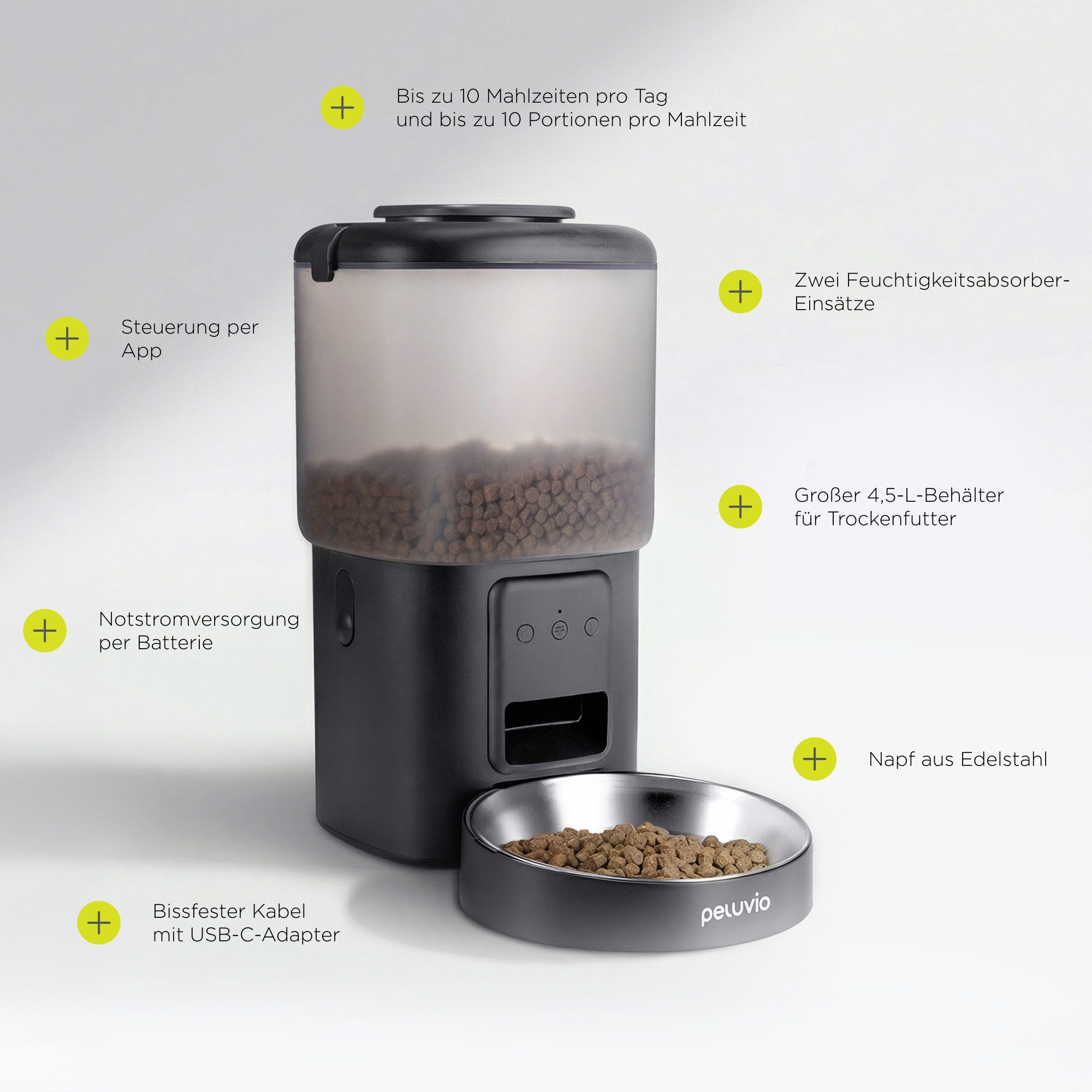 Peluvio Katzen-Futterspender CRISPY WIFI CAT, 4,5L / App-Steuerung / bis 10 Mahlz./Tag / Notstrom