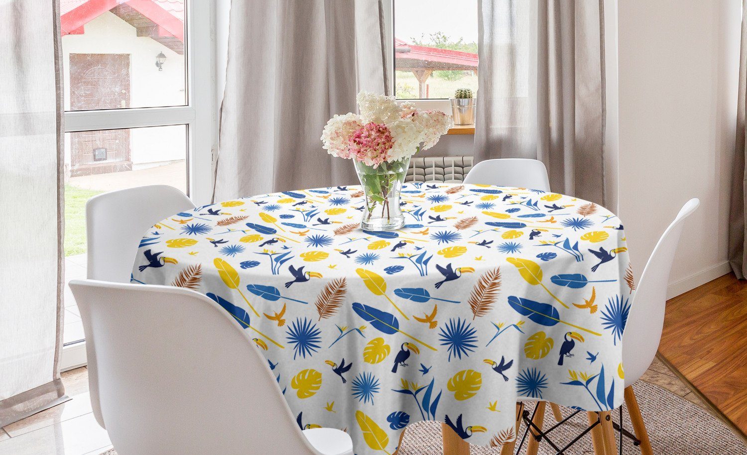 Abakuhaus Tischdecke Kreis Tischdecke Abdeckung für Esszimmer Küche Dekoration, Gelber Vogel Exotische Tukane Blätter