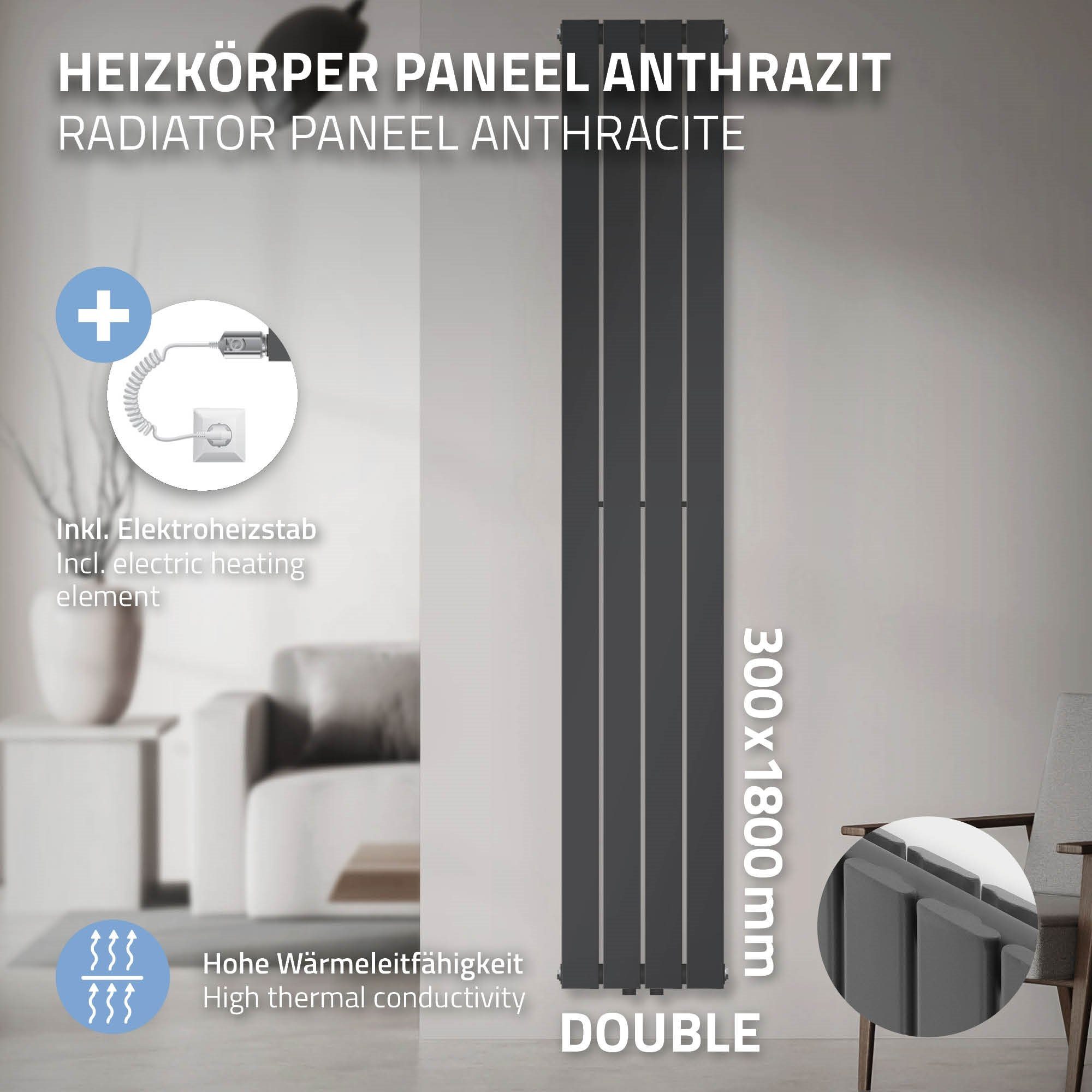 Heizkörper 1800x300mm Anthrazit Vertikal Heizstab ML-DESIGN 900W Paneelheizkörper Designheizkörper Doppellagig Flachheizkörper, Röhren