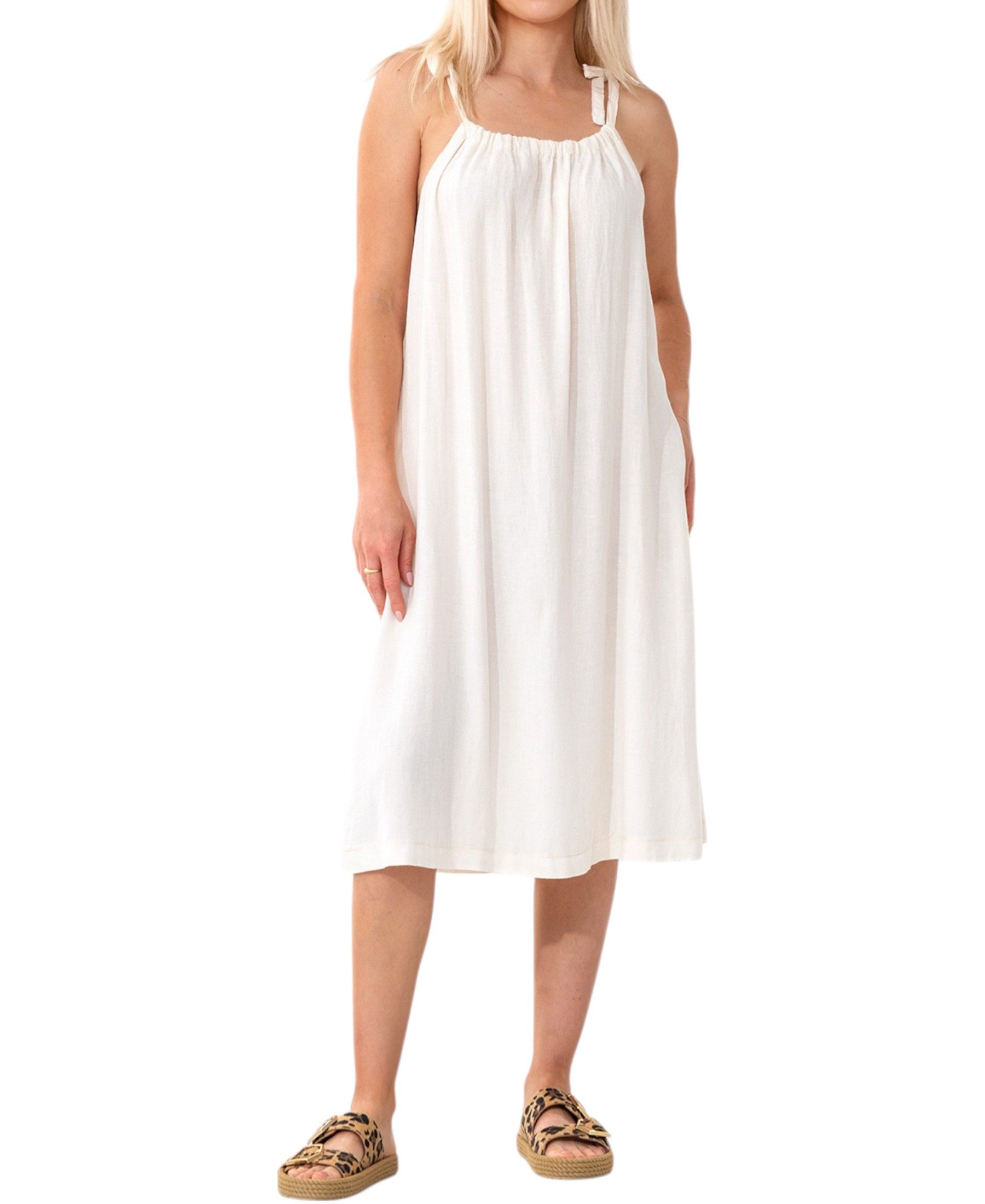WENOR Sommerkleid aus Leinenmix mit Bindeträgern – luftiges Strandkleid mit Taschen (1-tlg) Bindeträger,seitliche Eingrifftaschen,natürliches Material
