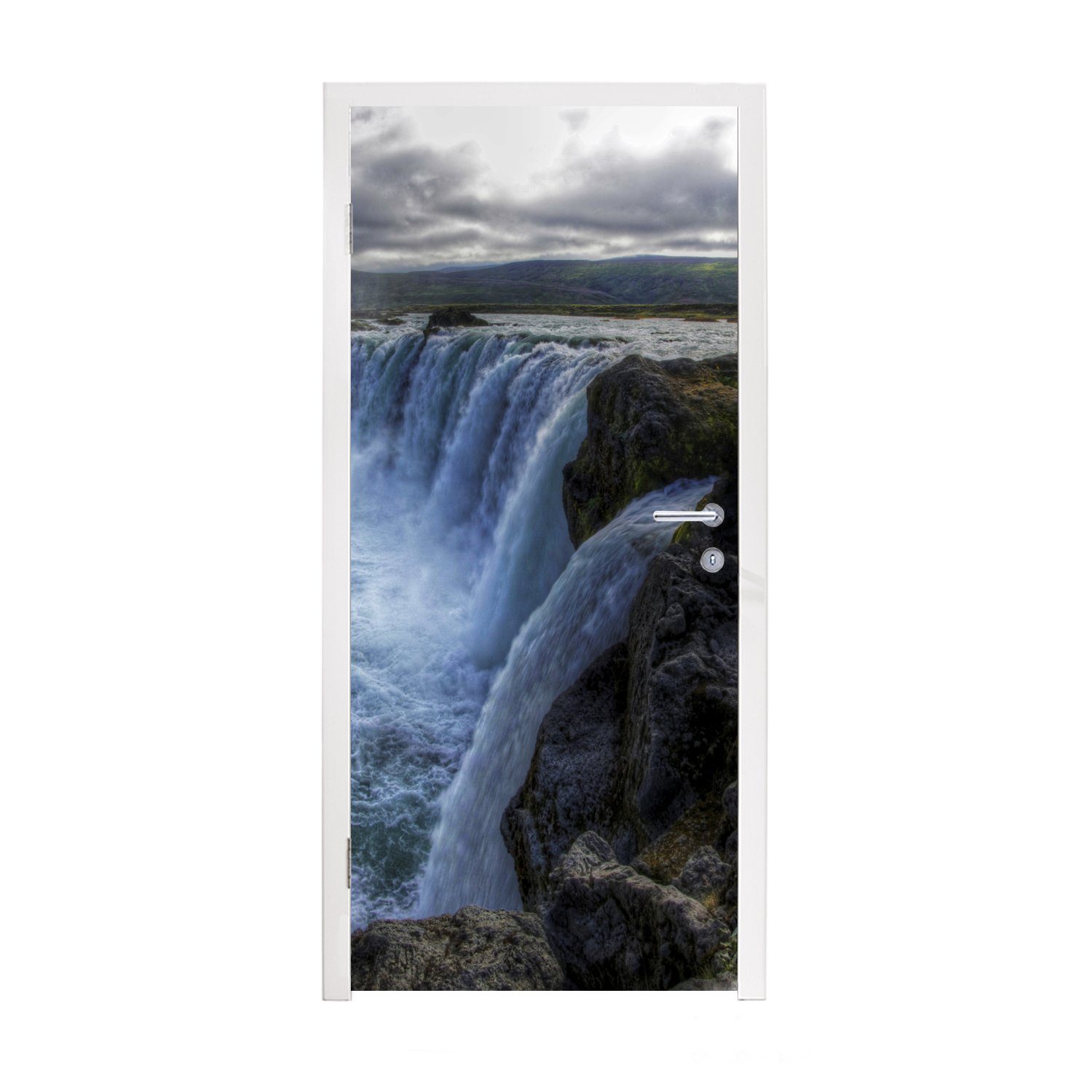 Matt, Tür, St), - - Island Fototapete MuchoWow 75x205 Türaufkleber, Wasserfälle für bedruckt, Blau, Türtapete (1 cm