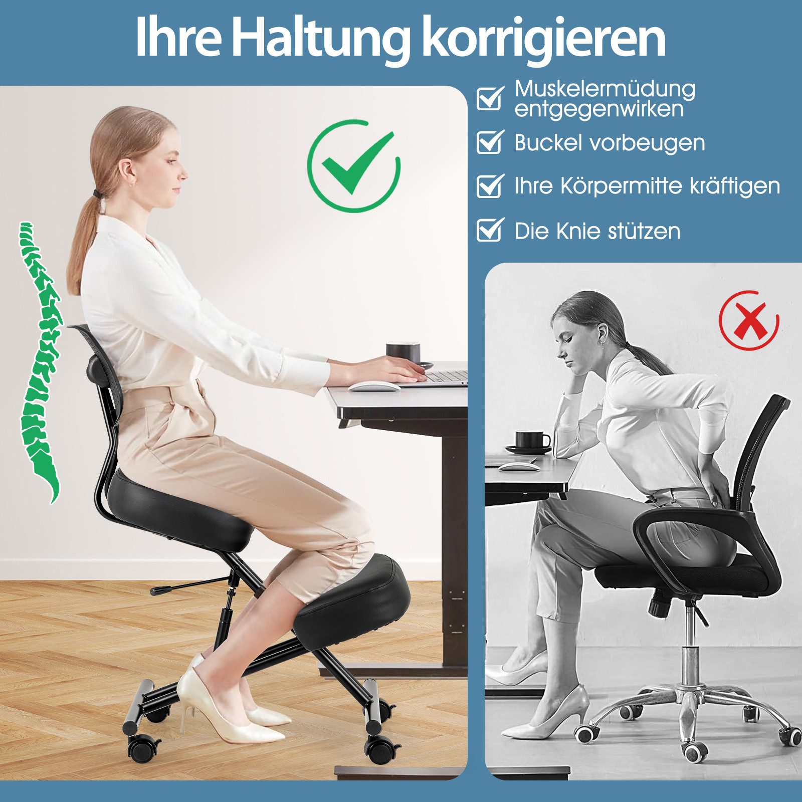 COSTWAY Stuhl, Ergonomischer Kniestuhl, dick gepolsterte Kissen (mit Rückenlehne)