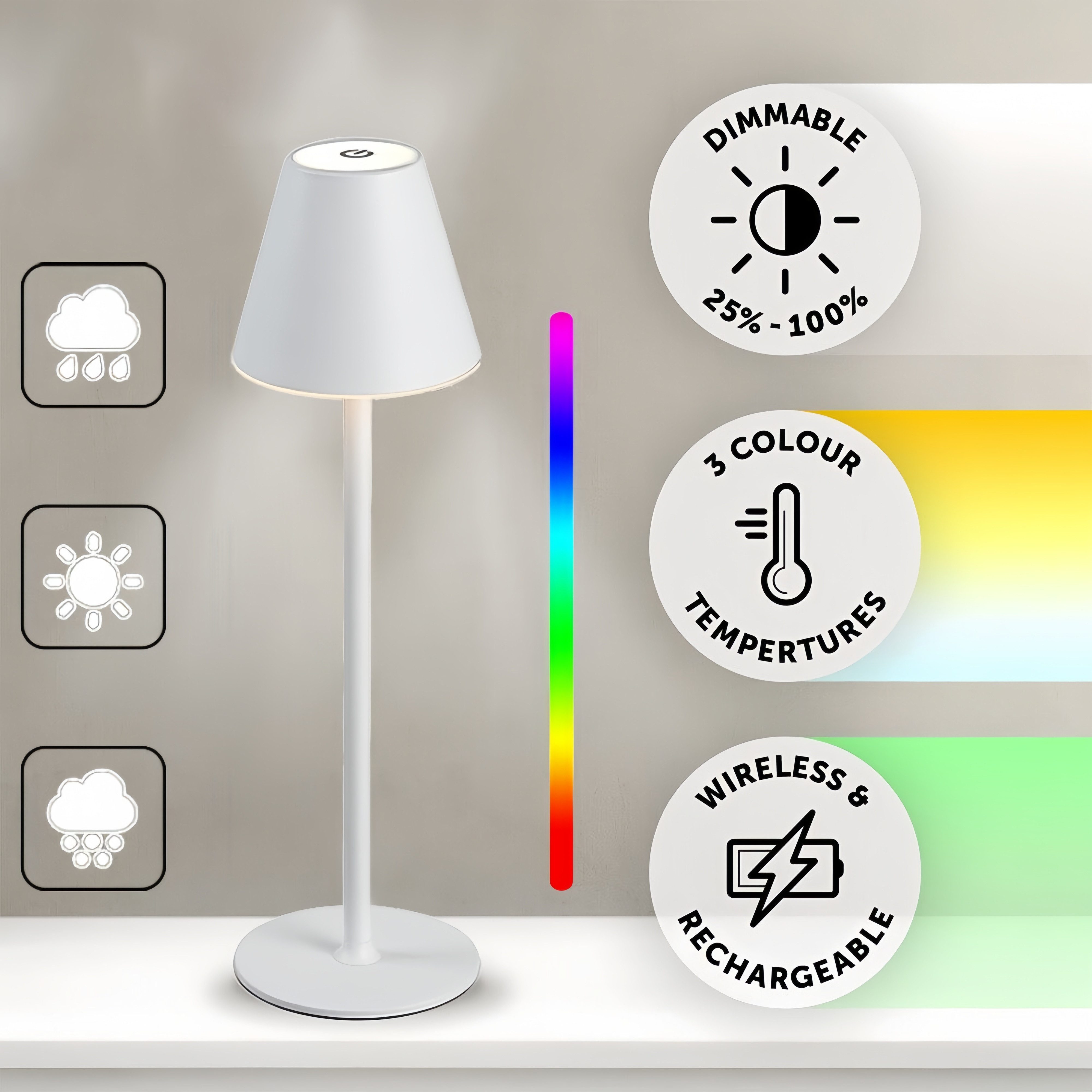 BlingBin Tischleuchte RGB Nachtlicht Kabellos Dimmbare Touch Control LED Tischlampe(Weiß), Berührungssteuerung, LED fest integriert, RGBW, Für Innen & Außen wiederaufladbare Schreibtischlampe Tischleuchte IP54