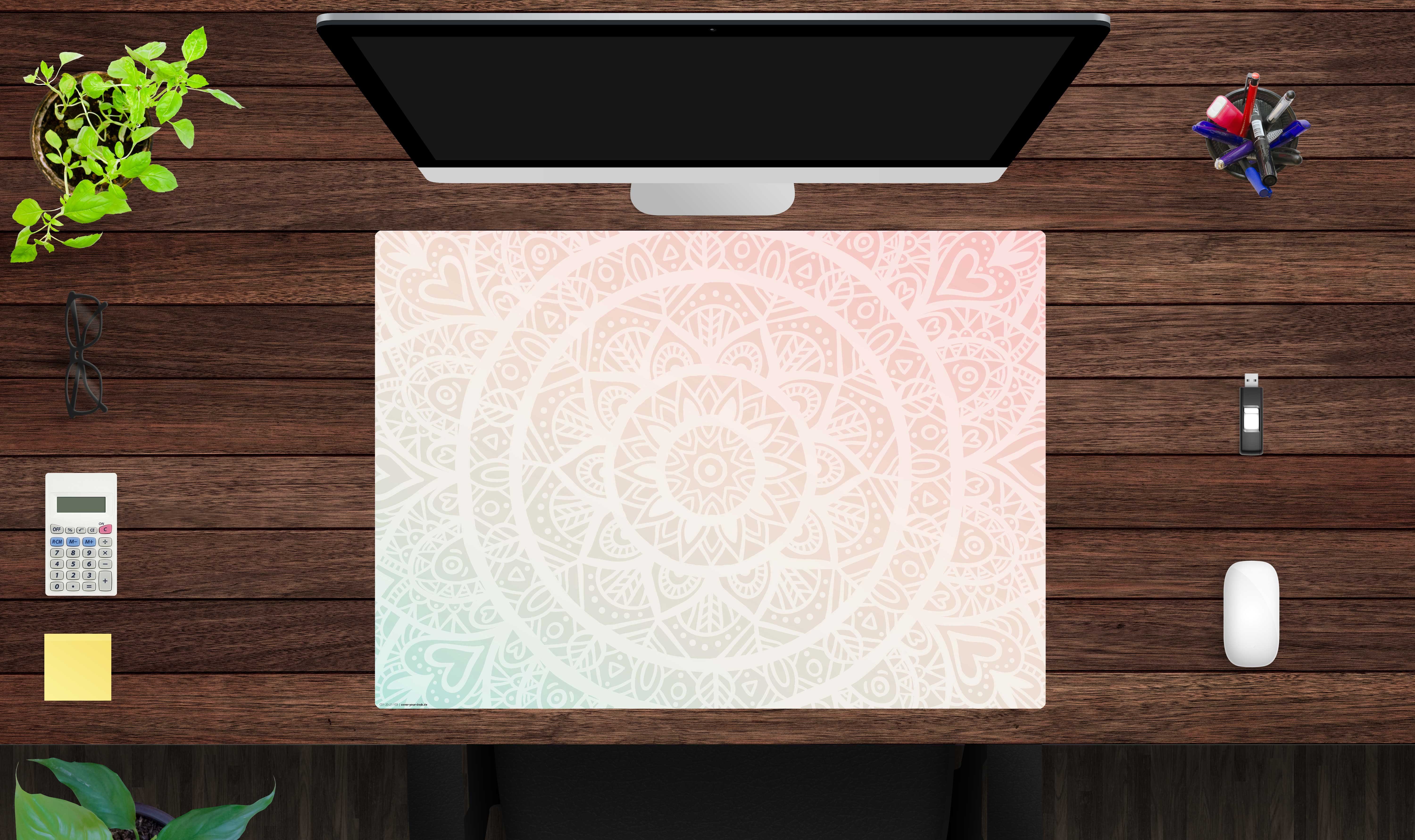 cover-your-desk.de Schreibtischunterlage Mandala rot-grün – Schreibunterlage in Premium-Vinyl in versch. Größen, (1 tlg., abwischbar, Hergestellt in Deutschland)