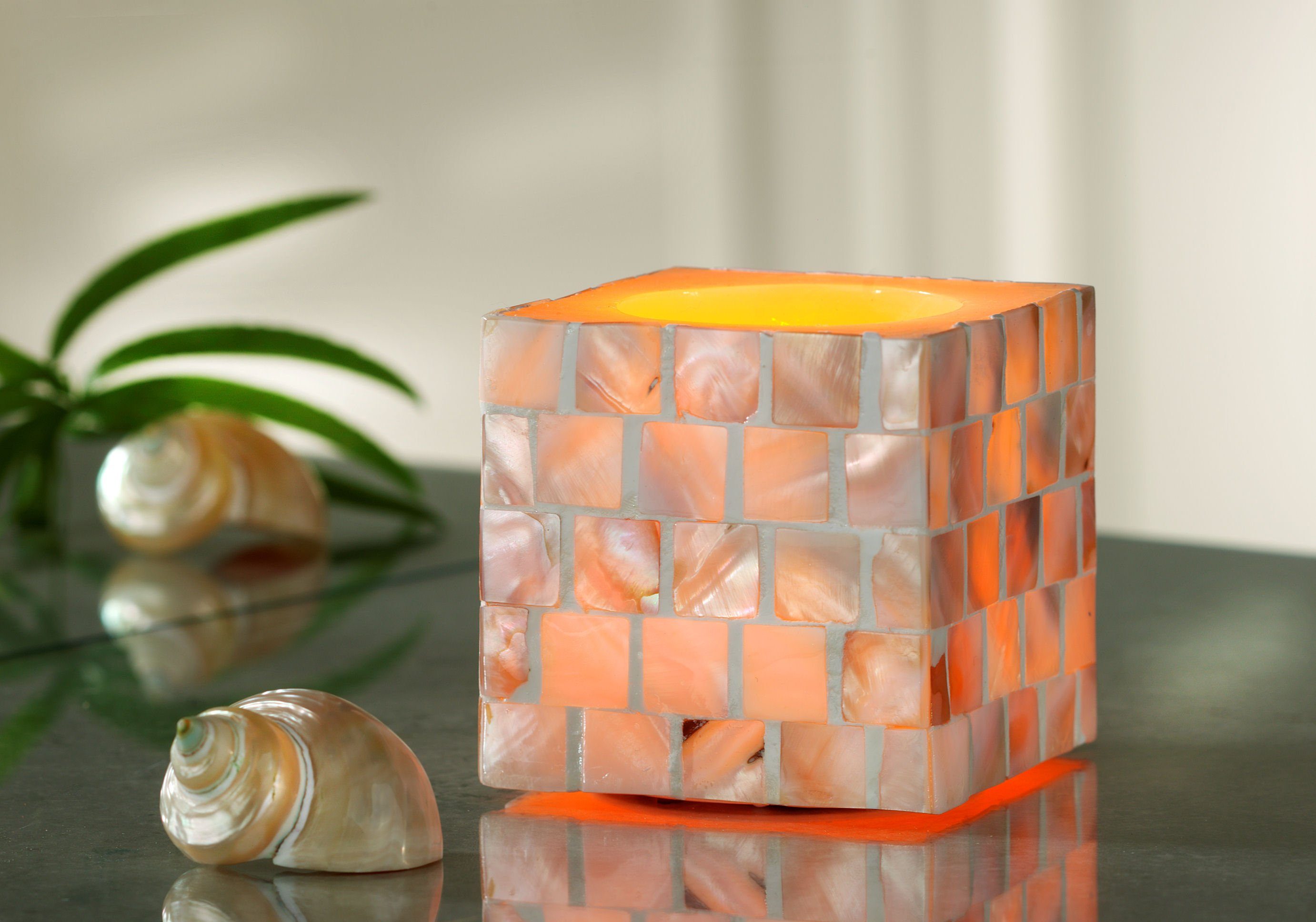 Luna24 simply great ideas... LED Dekolicht LED Kerze mit Muschelbesatz, 13708, 8x8x7,5 cm, LED fest integriert, Warm Weiß