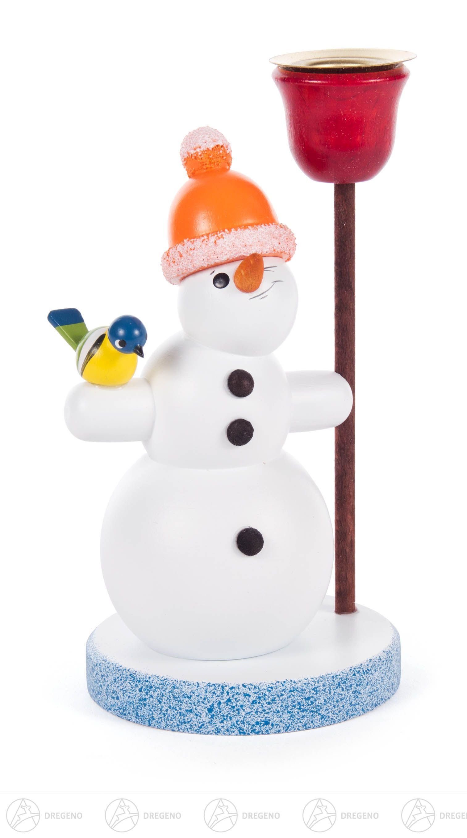 Dregeno Erzgebirge Kerzenhalter Kerzenhalter Schneemann mit Licht und orangener Pudelmütze, für Kerze