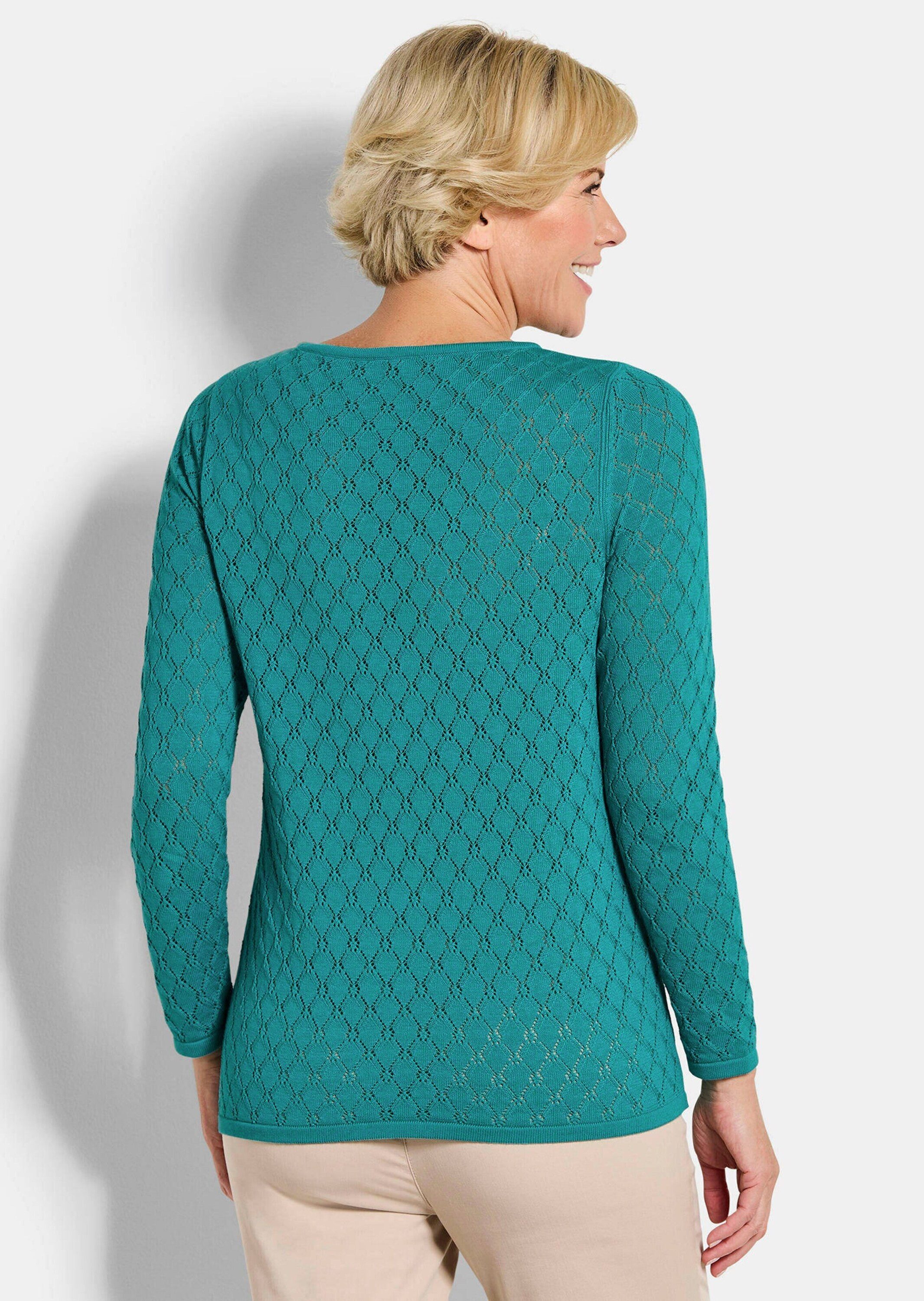 GOLDNER Strickpullover Kurzgröße: Strickpullover mit Wabenstruktur Baumwollpullover mit U-Boot-Ausschnitt und Langarm