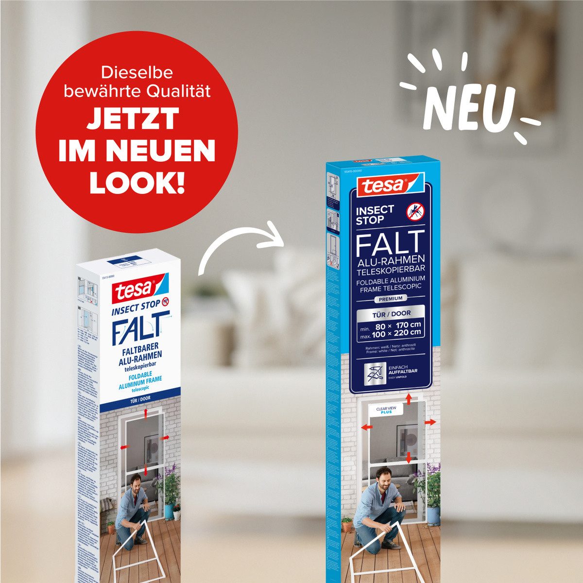 tesa Insektenschutz-Tür FALT Alu Rahmen teleskopierbar Premium für Türen, (Packung, 1-St., Teleskop Alu Rahmen), Alu Insektenschutz 80 cm x 170 cm bis 100x cm x 220 cm