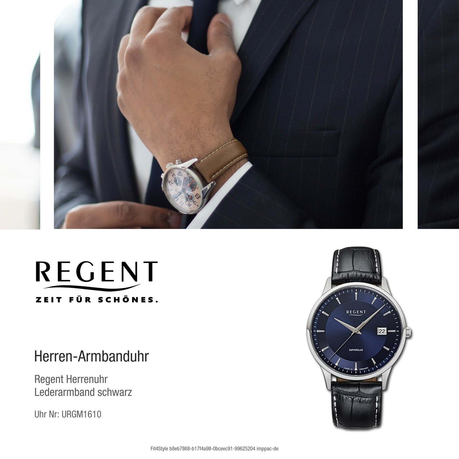 Regent Quarzuhr Regent mittel Herren rundes Lederarmband, GM-1610 Leder silber Uhr 39mm), Gehäuse, (ca. Herrenuhr Analog