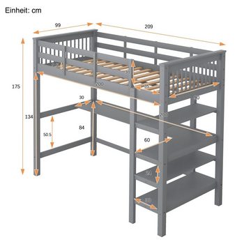 SOFTWEARY Hochbett (Einzelbett mit Lattenrost, 90x200 cm, mit Rausfallschutz) Holzbett aus Kiefer, Kinderbett, Jugendbett