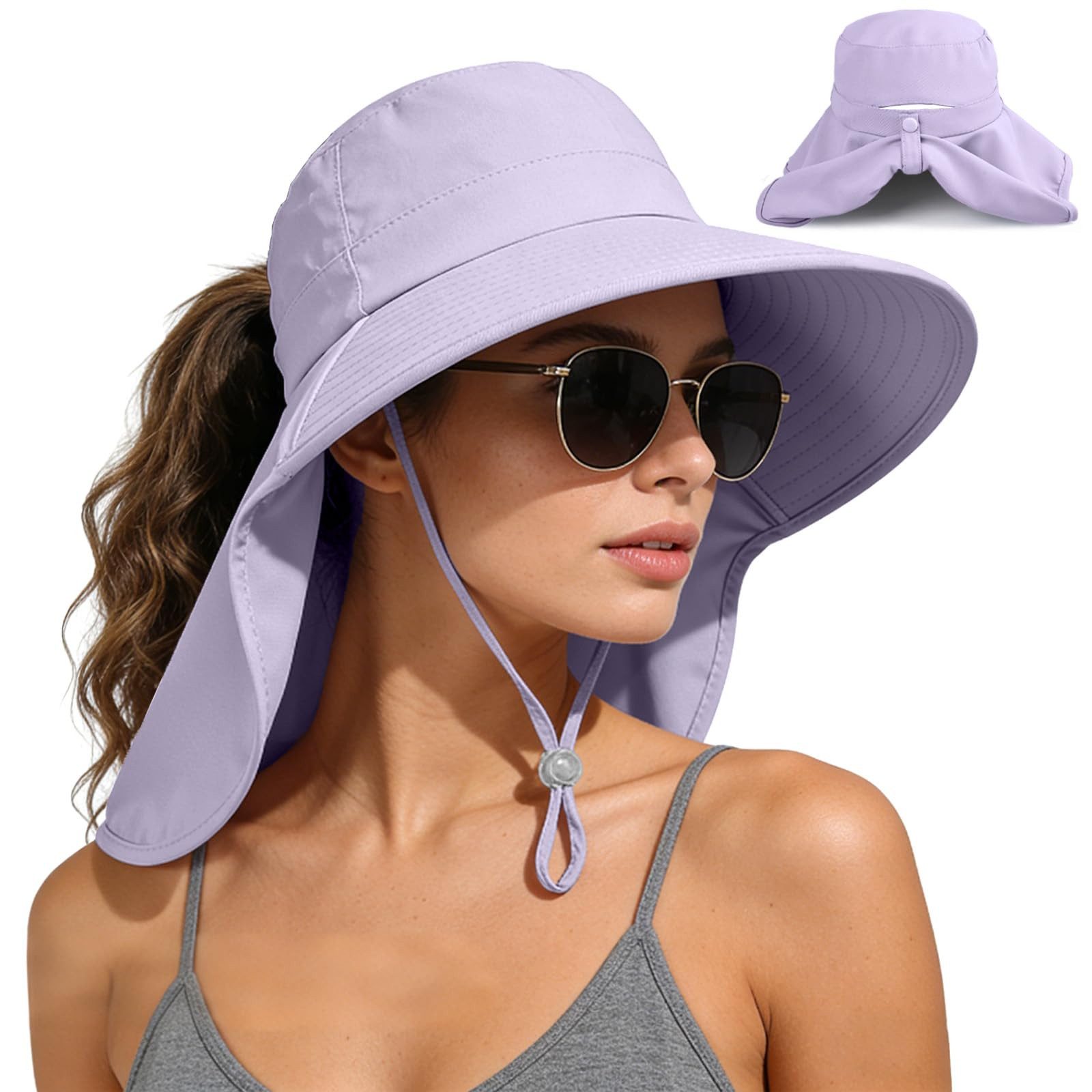 FOUORTUNATE-BEE Sonnenhut Sonnenhut für Damen mit Nackenschutz und Pferdeschwanzöffnung (rollbarer Damen-Sonnenhut, Anglerhut mit breiter Krempe)