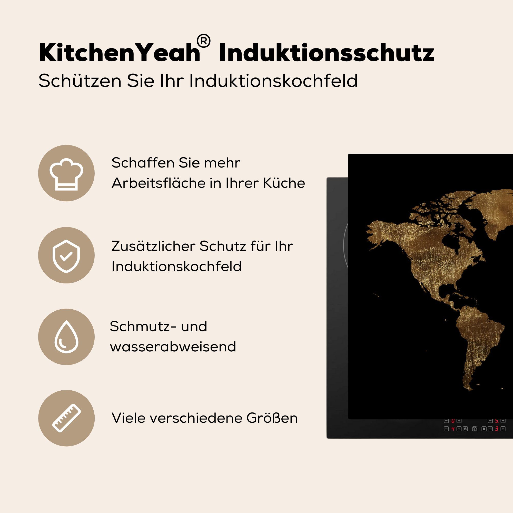 MuchoWow Herdblende-/Abdeckplatte Weltkarte - Gold tlg), (1 Vinyl, Induktionskochfeld Schwarz, küche, Luxus die cm, 81x52 Erde - Ceranfeldabdeckung für - Schutz 