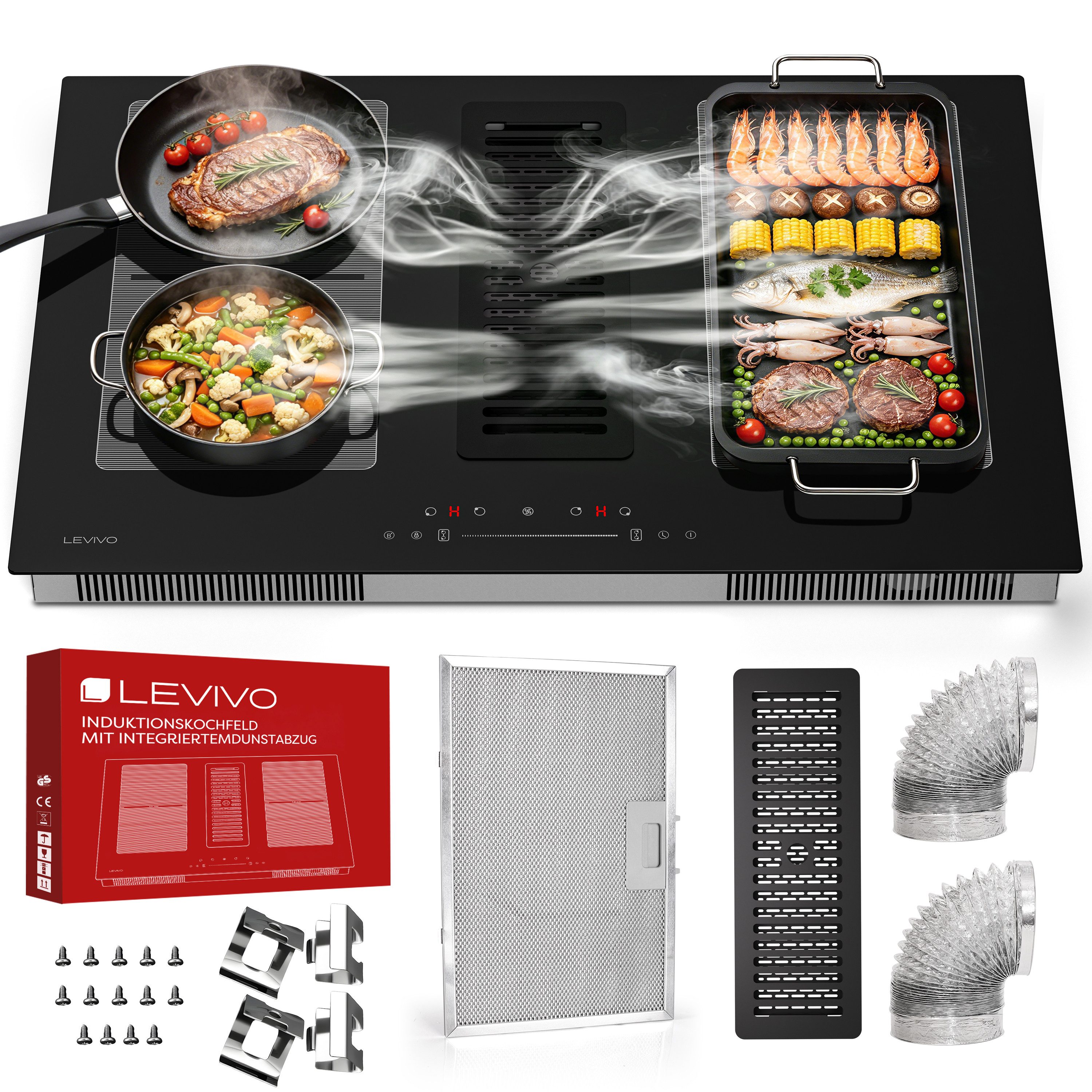 Levivo Induktions-Kochfeld Induktionskochfeld 77 cm mit 482 m³/h Dunstabzug, 9 Stufen & Booster, Touch-Control, Timer, Bridge Funktion, 7280 W