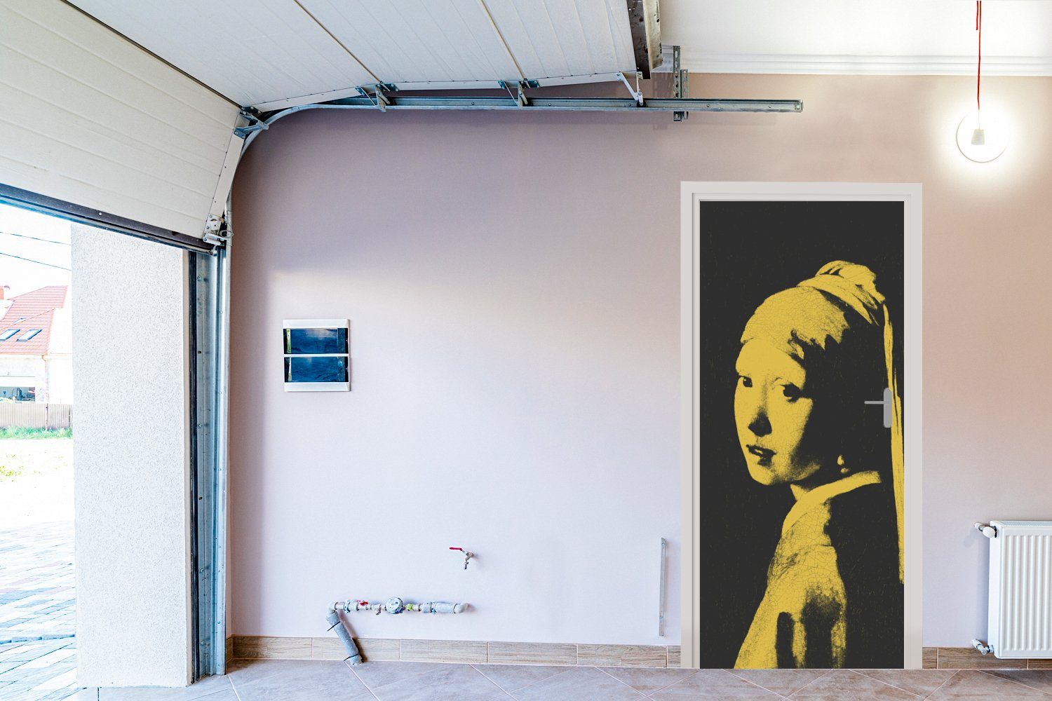 Schwarz Gelb, Fototapete - bedruckt, Türaufkleber, St), Perlenohrring für Matt, Türtapete 75x205 cm - Tür, Mädchen Vermeer - mit (1 MuchoWow