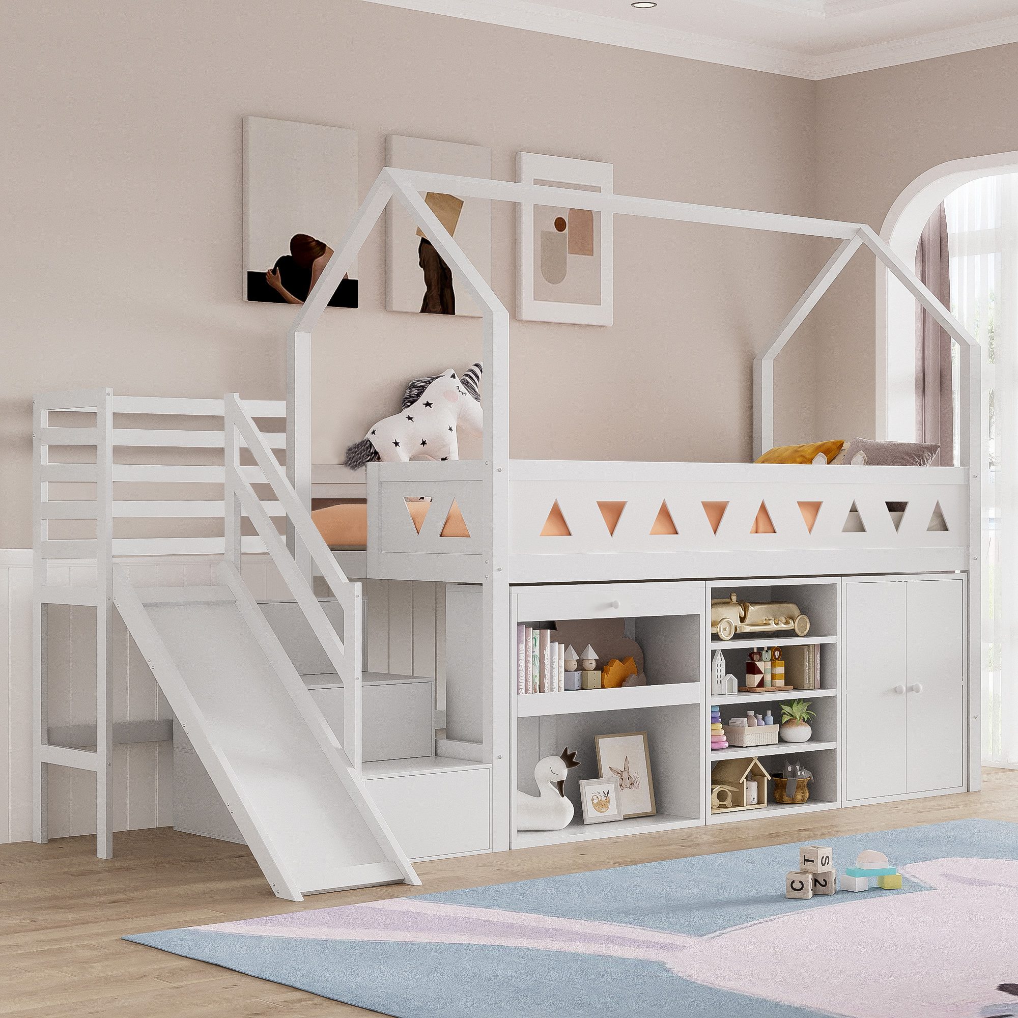 Flieks Hochbett Kinderbett Etagenbett mit Schränke, Rutsche und Treppe 90x200cm