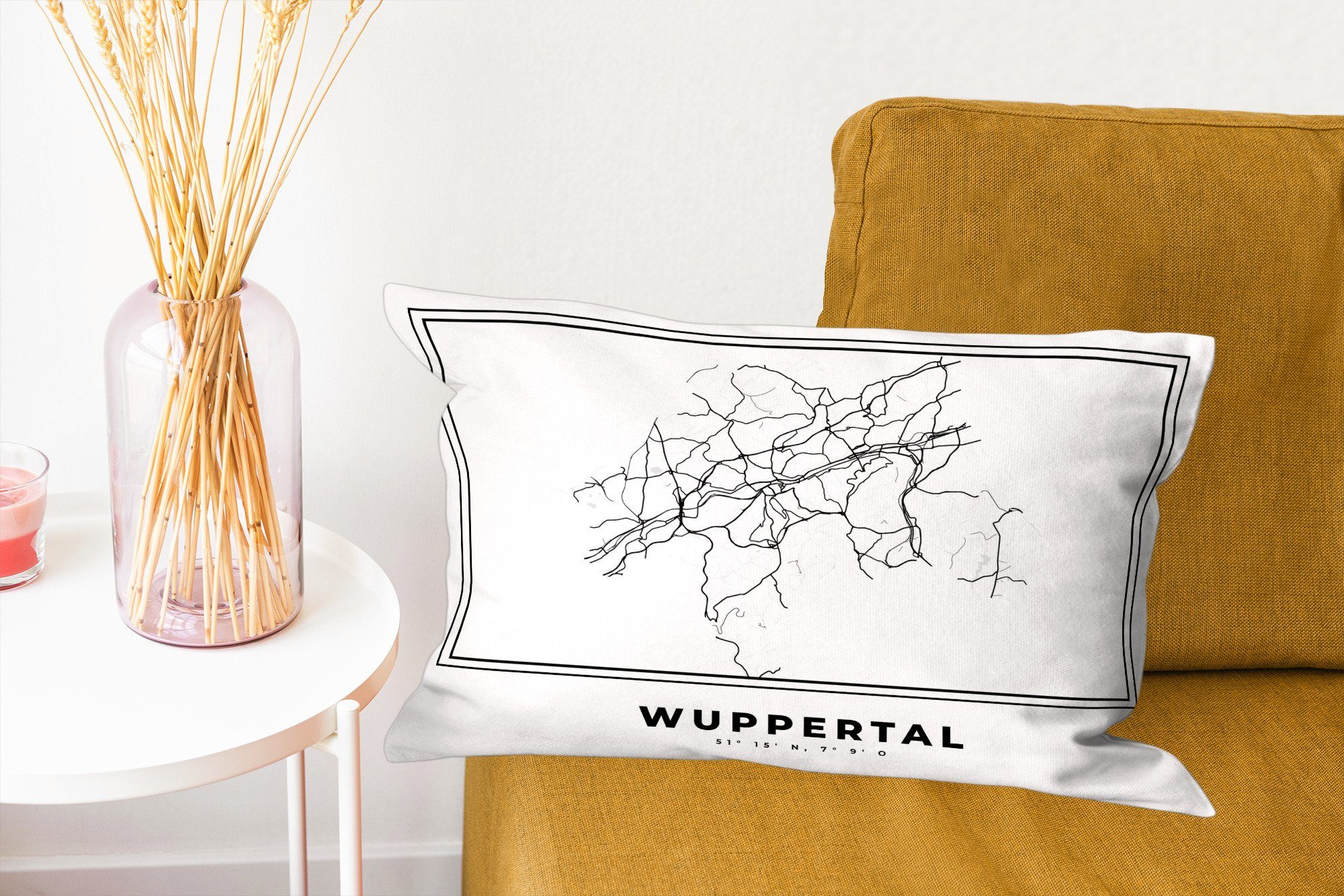 MuchoWow Dekokissen Schwarz und weiß Dekoration, Wohzimmer Füllung, Zierkissen, Deutschland Dekokissen mit Wuppertal, - - - - Karte Stadtplan Schlafzimmer