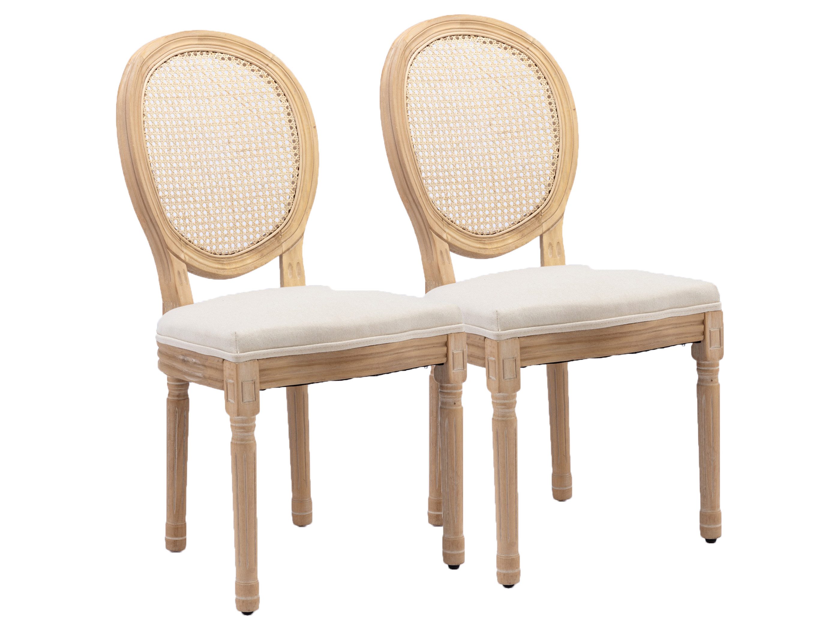 SeedWave Esszimmerstuhl 2er Set Küchenstuhl aus Massivholz-Gestell, mit Rattan-Rückenlehne, Polsterstuhl inkl. Leinenbezug Sitzfläche
