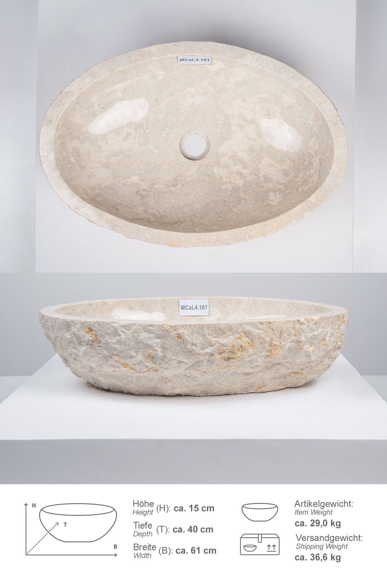 wohnfreuden Aufsatzwaschbecken Erosi Marmor Waschbecken 60 cm creme (Kein Set), 102276_MCaL4.161