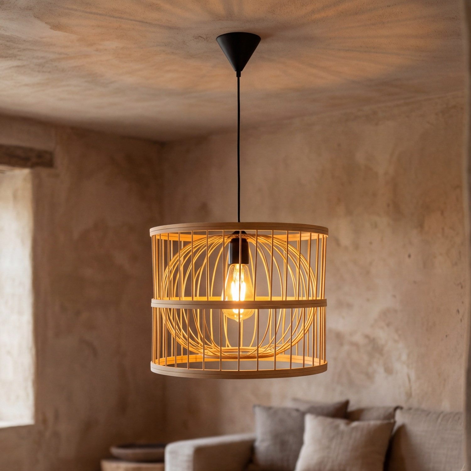Licht-Erlebnisse Lampenschirm BAMBOO, Bambus Korbschirm Natur Ø30 cm Boho E27 höhenverstellbar Esszimmer