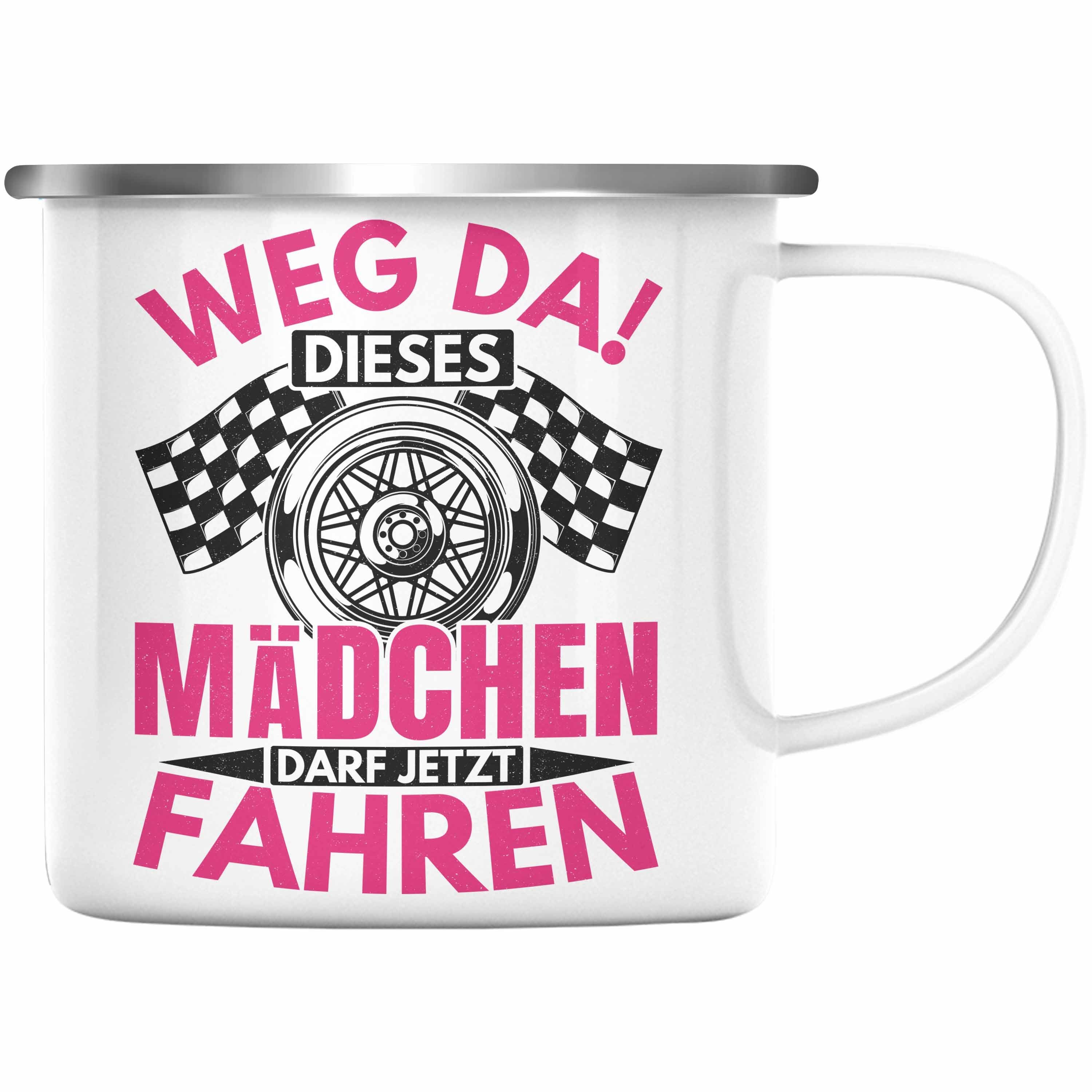 Trendation Thermotasse Trendation - Führerschein Bestanden Geschenk Emaille Tasse Spruch Mädchen Frauen Silber