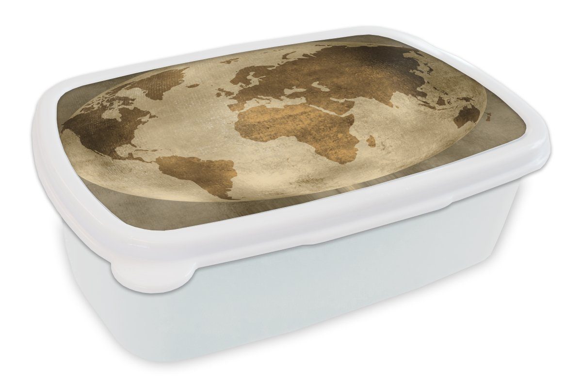 MuchoWow Lunchbox Weltkarte - Globus - Vintage, Kunststoff, (2-tlg), Brotbox für Kinder und Erwachsene, Brotdose, für Jungs und Mädchen weiß