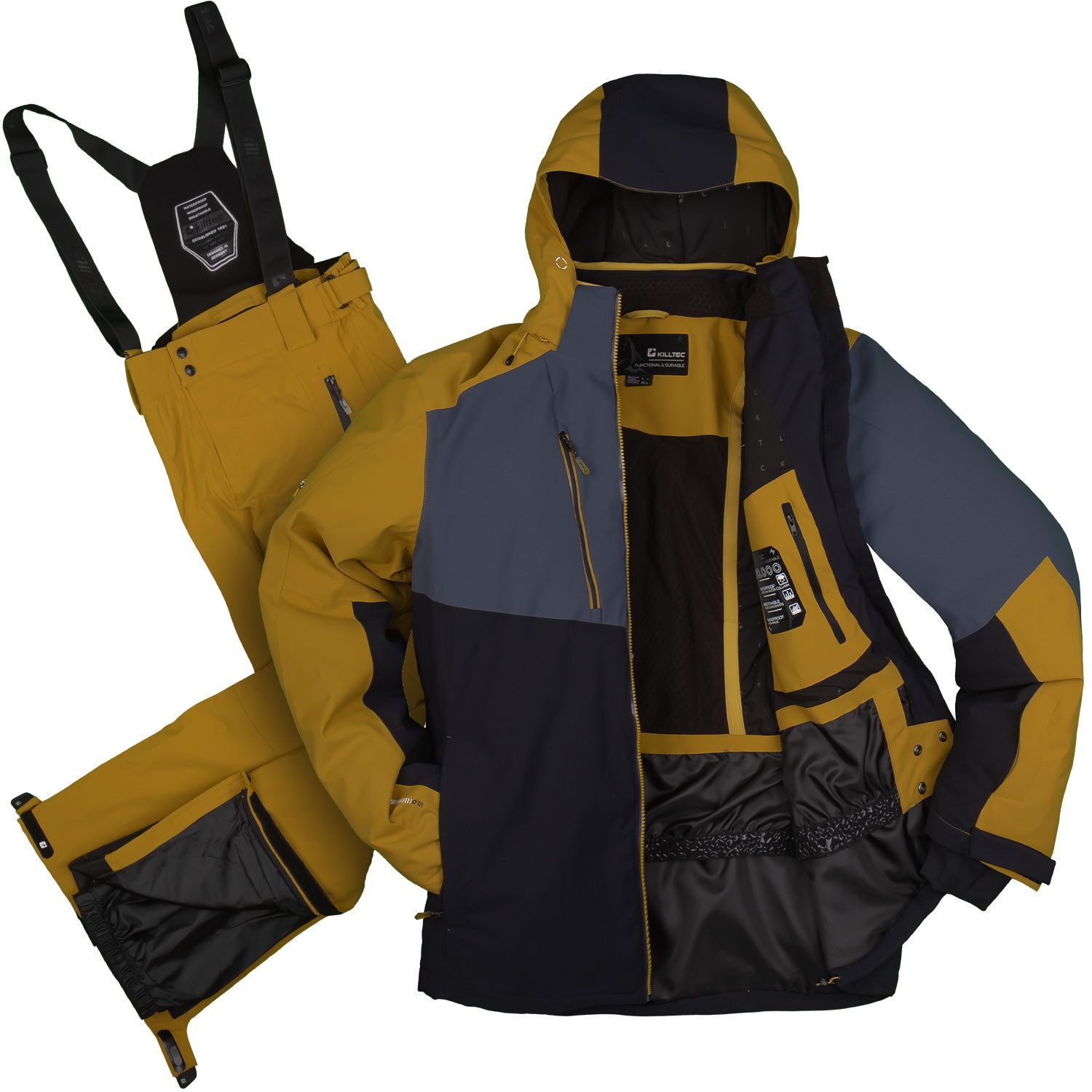 Killtec Skianzug Herren Skijacke schwarzgelb + Skihose senfgelb, Skipasstasche am Ärmel