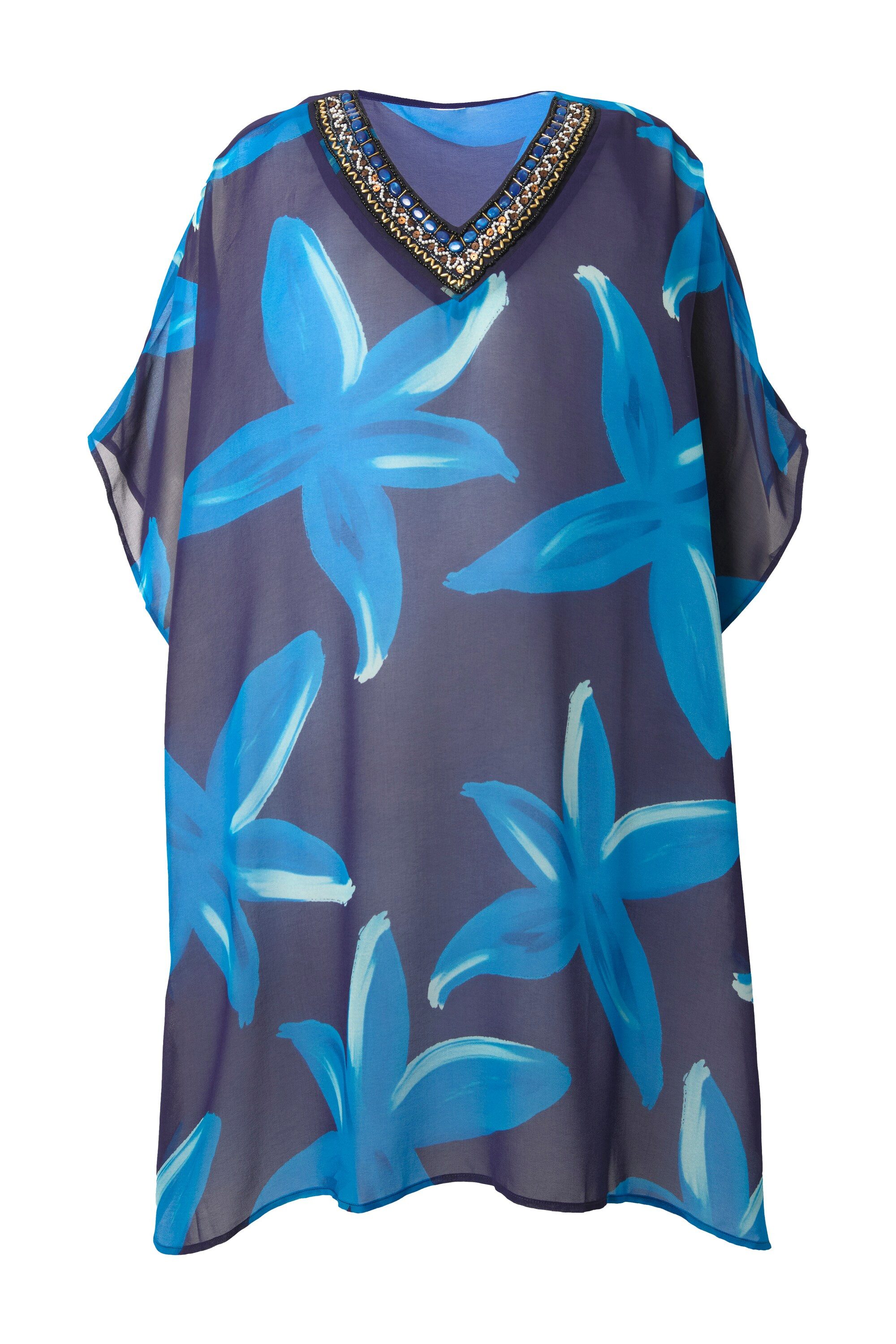 Ulla Popken Jerseykleid Tunika Blüten verzierter V-Ausschnitt Halbarm