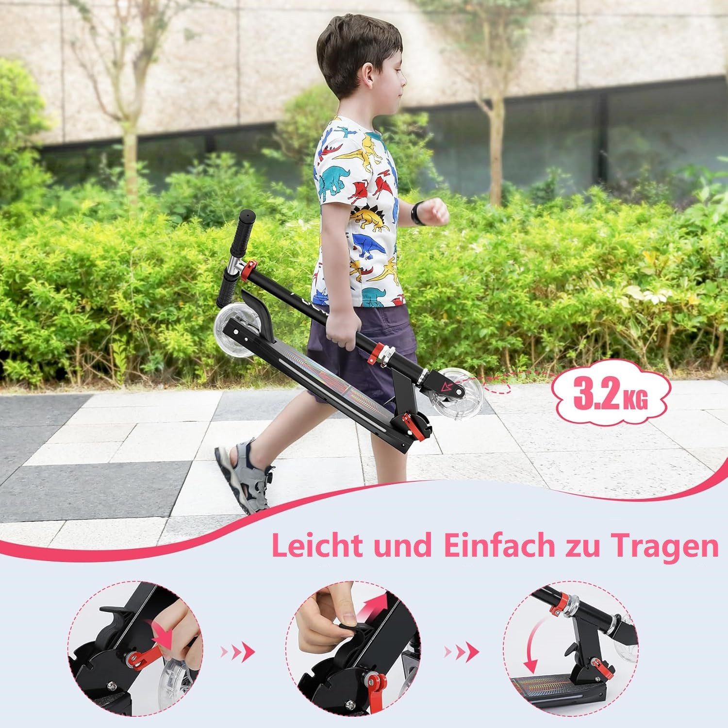 TONBUX Scooter Kinderroller mit coolen beleuchteten Stangen, Rädern und Pedal – Bild 4 von 5