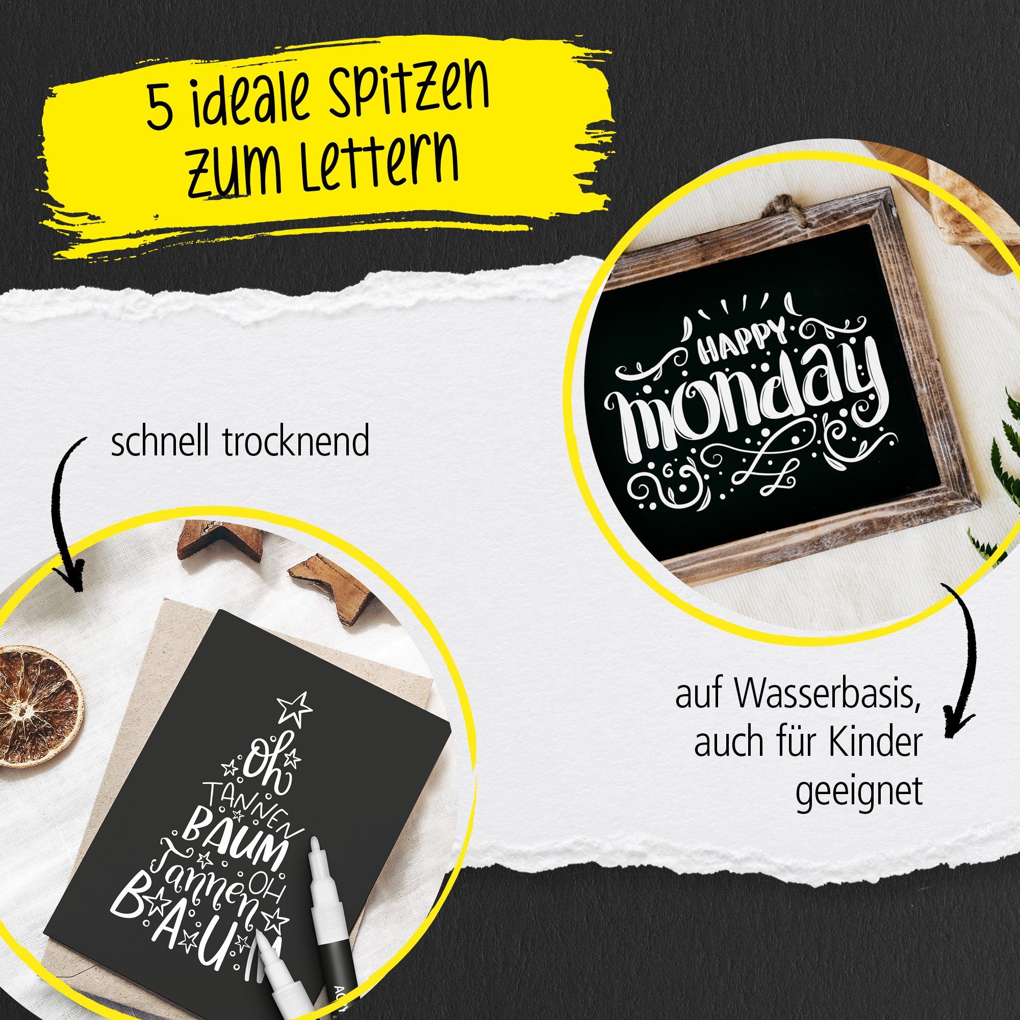 Online Pen Fineliner White Lettering, (5x weiße Acryl-Stifte, deckend, Handlettering-Stifte mit verschiedenen Spitzen), Fineliner, Brushpen, Kalligrafie-Stift