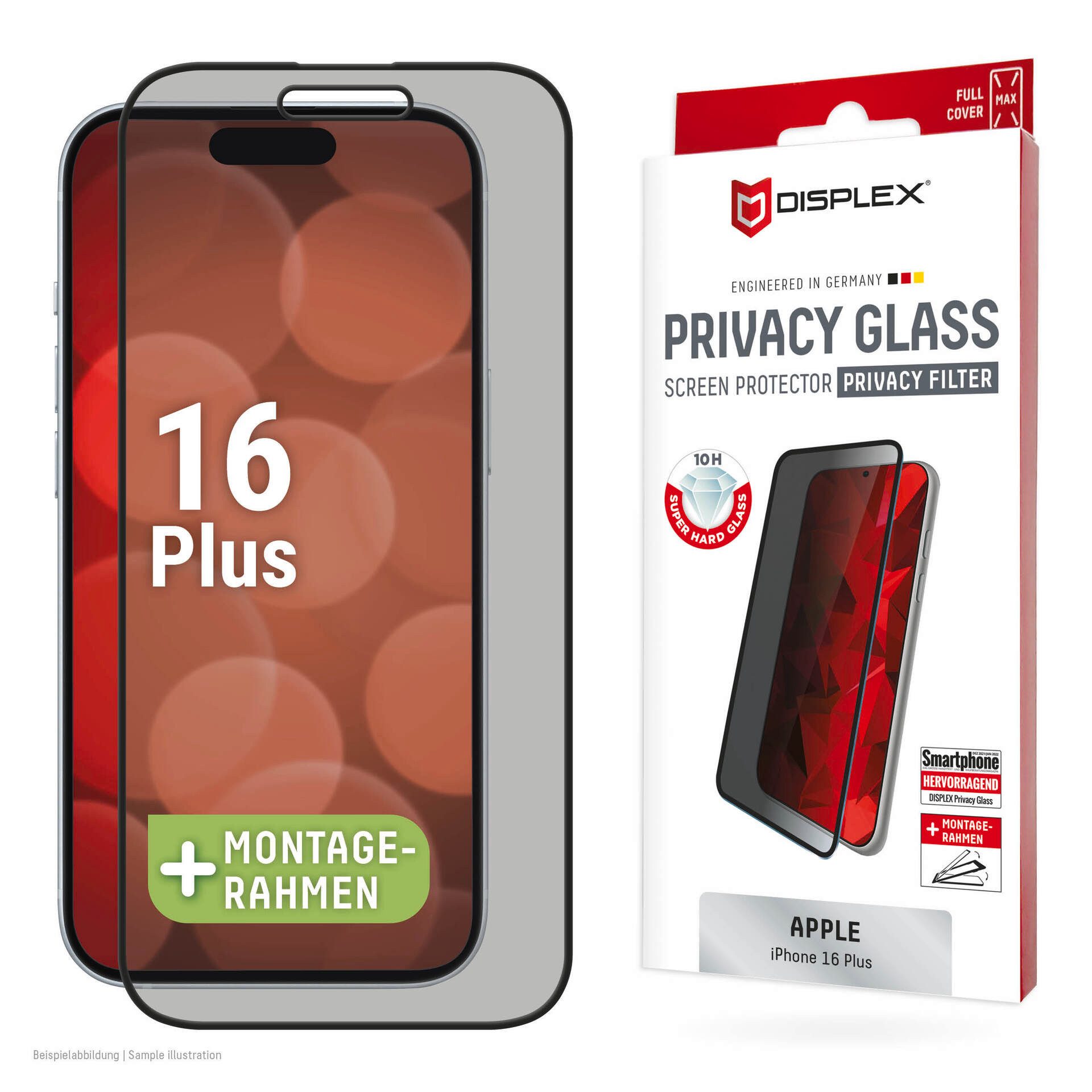 Displex Displayschutzglas Privacy Glass Full Cover für Apple iPhone 16 Plus, 1 Stück, Displayschutzfolie, Schutzfolie, Bildschirmschutz, kratz- & stoßfest