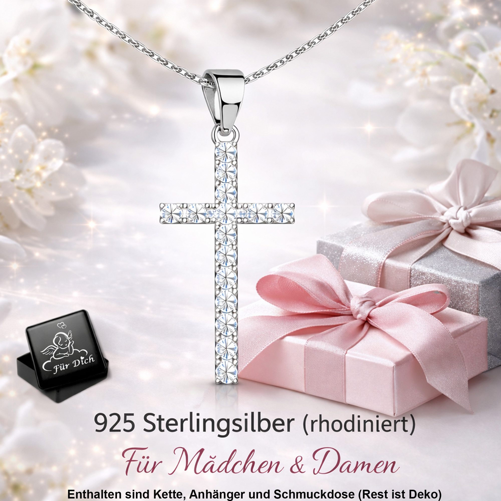 Limana Kreuzkette 925 Silber Halskette mit Kreuz Anhänger für Mädchen Damen Frauen (Schmuck inkl. Dose Geschenk für Geburtstag Weihnachten), Ostern Einschulung Nikolaus Muttertag Kommunion Konfirmation
