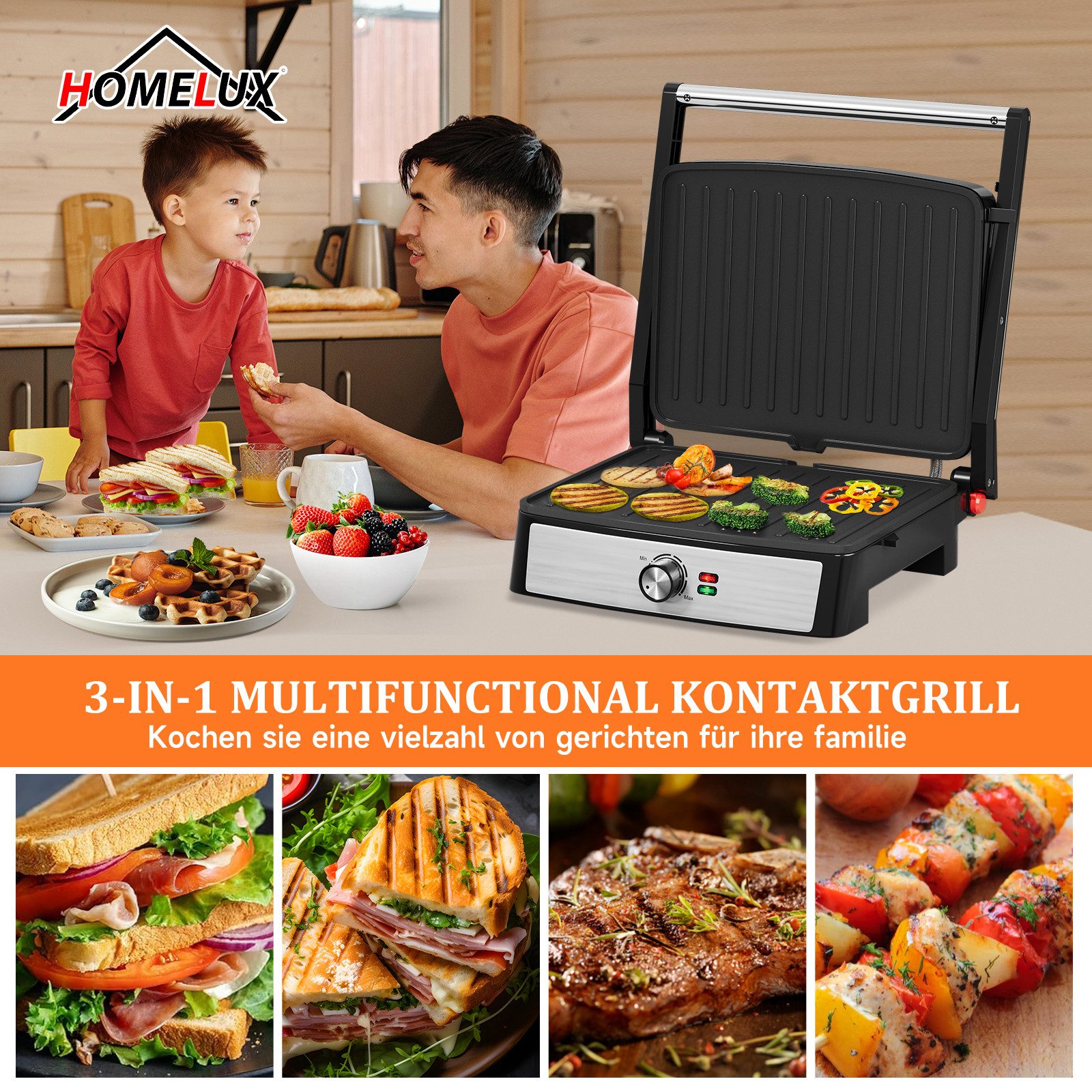 HOMELUX Elektrogrill Kontaktgrill 3 in 1 Multigrill, 2200W Grill, Elektrischer Optigrill, 2200,00 W, Antihaftbeschichtet, Edelstahl Tischgrill mit Zubehör